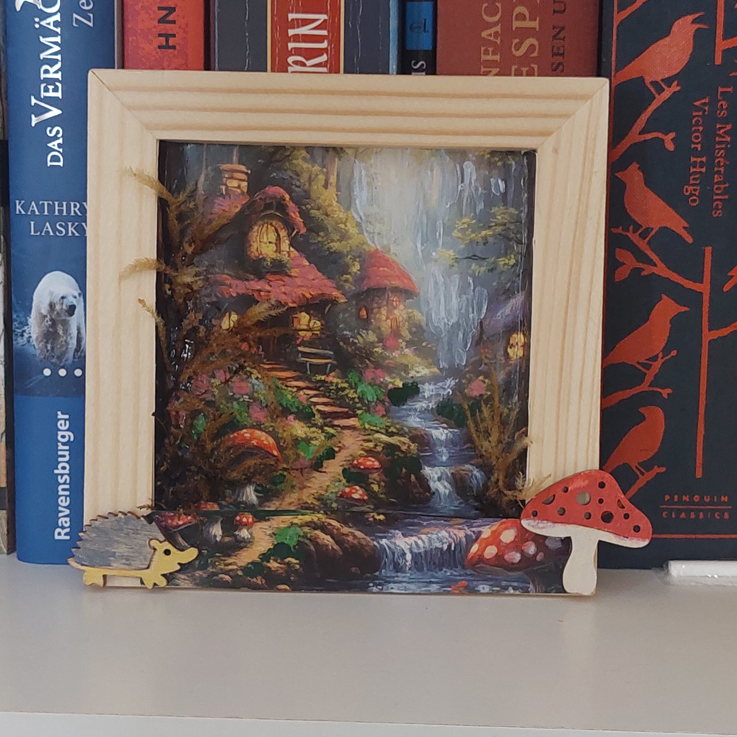 Unique Mini Art Collage – Fairy Tale Castle in the Forest, 12×12 cm Handmade Wall or Desk Decor with Natural Moss, One of a Kind Gift