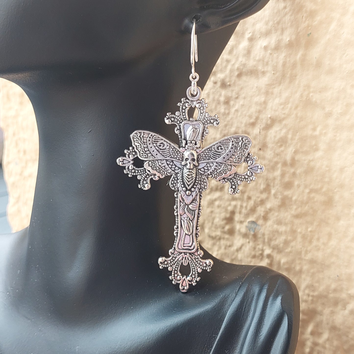 Gothic Cross Earrings with Skull Moth – Statement Silver Jewelry