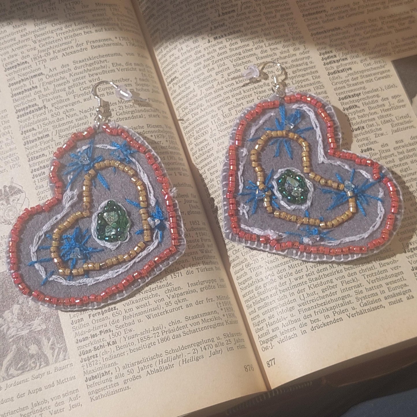 Statement Felt Heart Earrings - Handmade Beaded Boho Jewelry - Unique Gift