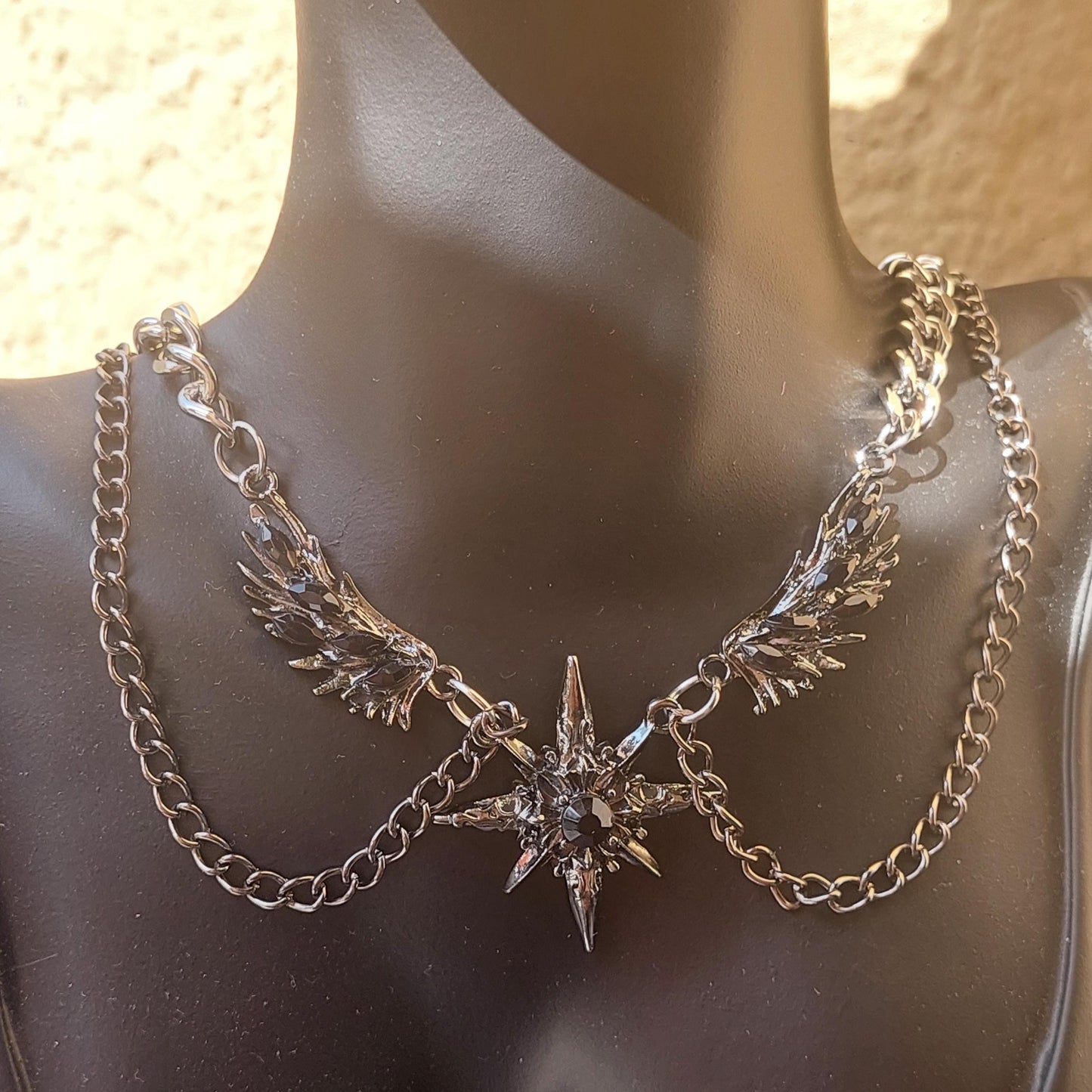 Gothic Silver Chain Necklace – Black Rhinestone Stars & Wings | Dark Elegant Jewelry
