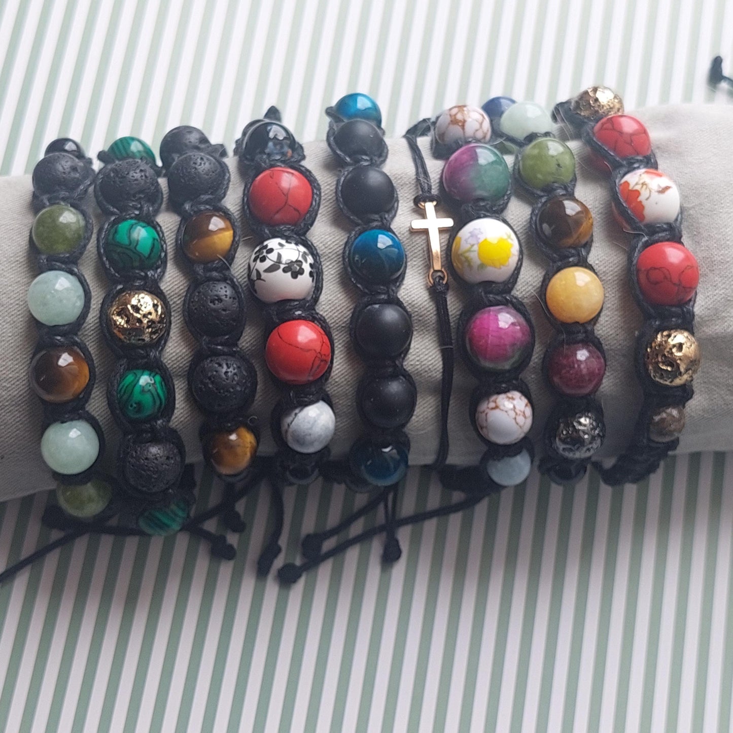 9-Piece Handmade Macrame Gemstone Bracelet Set | Unisex Boho Healing Stone Jewelry Gift