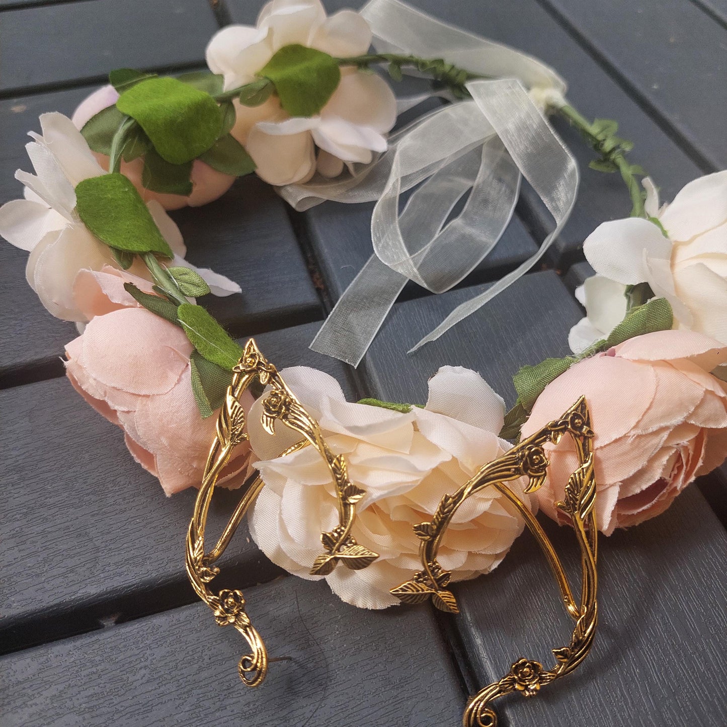 Enchanting Rose Flower Crown + Golden Elven Ear Cuffs - Complete Fantasy Set
