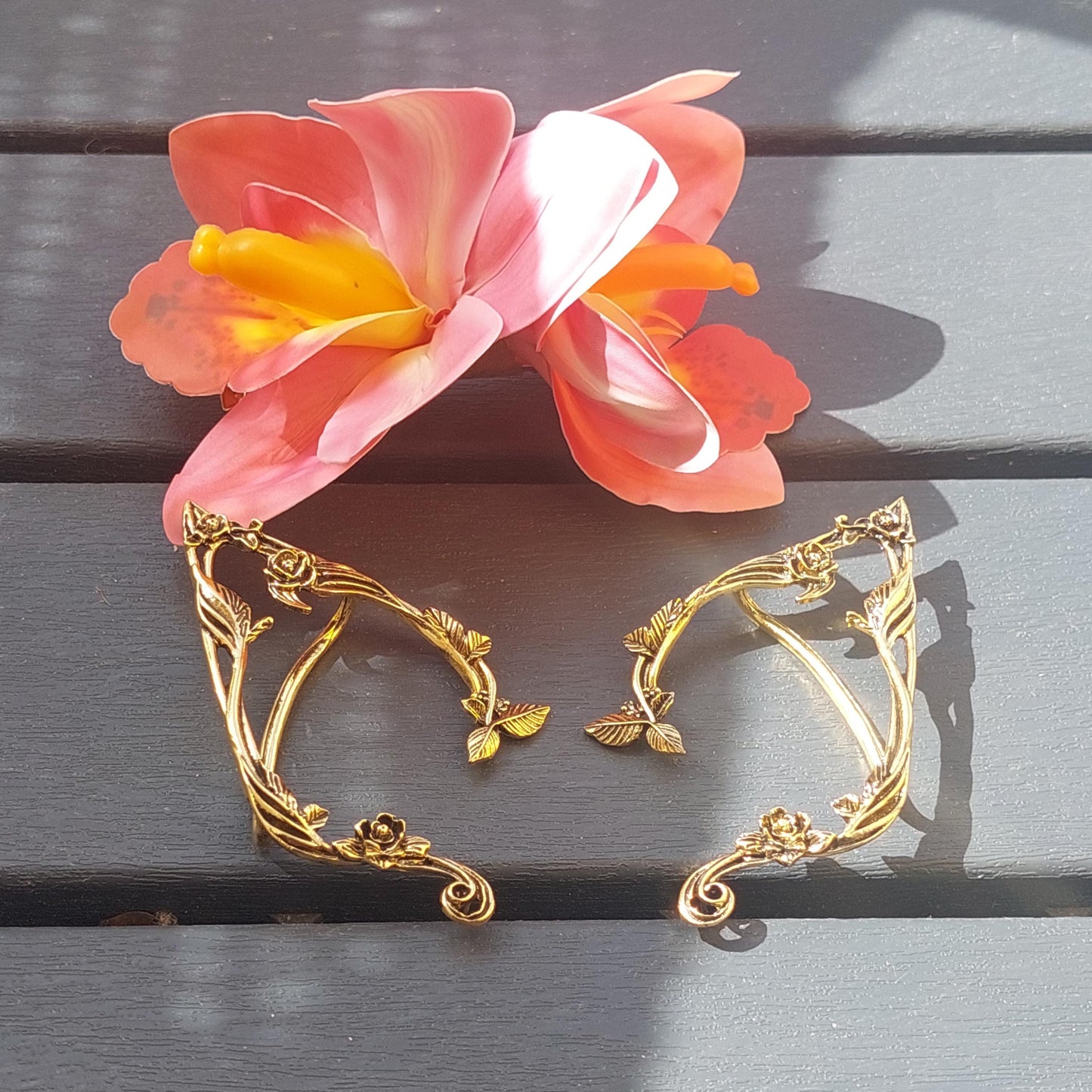Vibrant Orchid Hair Clip + Golden Elven Ear Cuffs - Bohemian Fantasy Set
