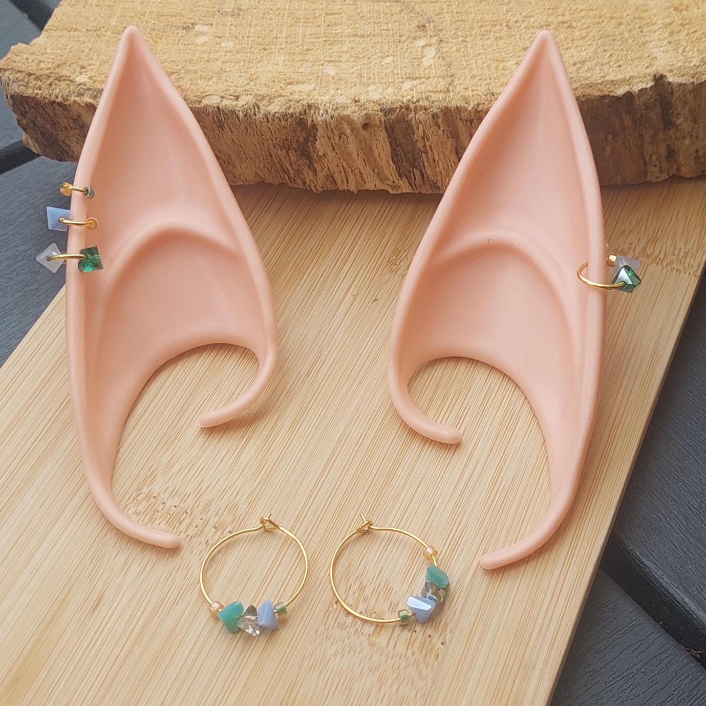 Elf Ear Jewelry Set – Silicone Elf Ears with Gold or Silver Piercings & Pearl/Crystal Hoop Earrings | Fantasy Cosplay & LARP Accessory Gift