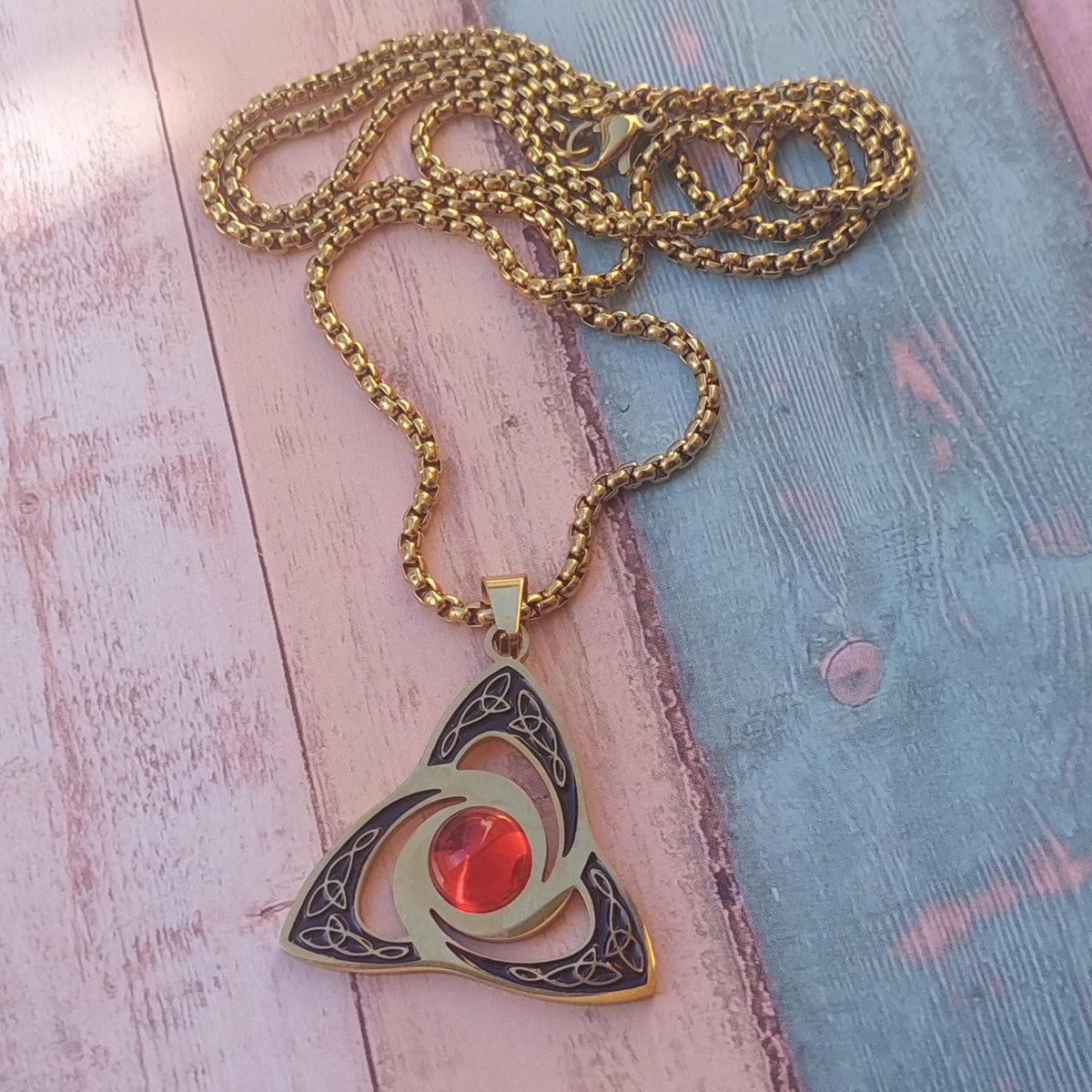 Celtic Triquetra Wicca Pendant Necklace, Dark Red Cabochon