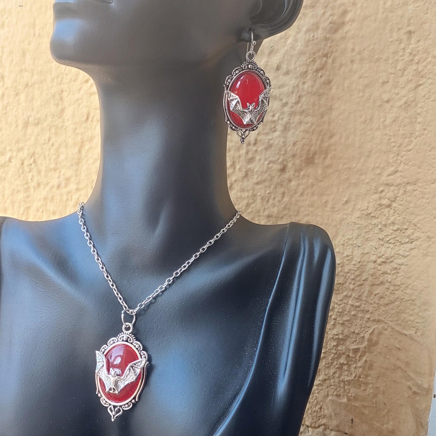 Gothic Necklace & Earrings Set – Red or Black Crystal Jewelry, Gift for Her