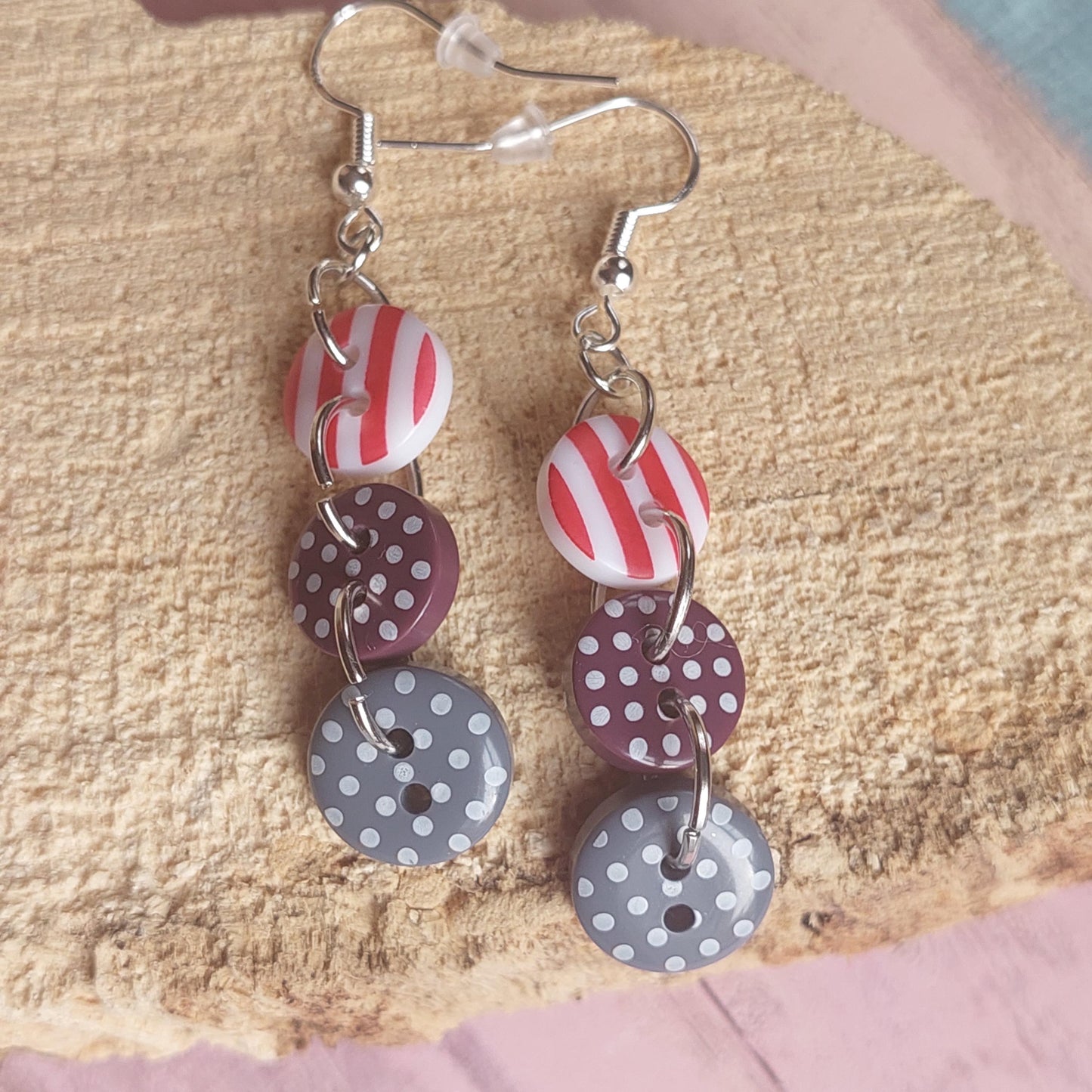 Colorful Button Dangle Earrings - Handmade 925 Sterling Silver - Unique Gift for Women