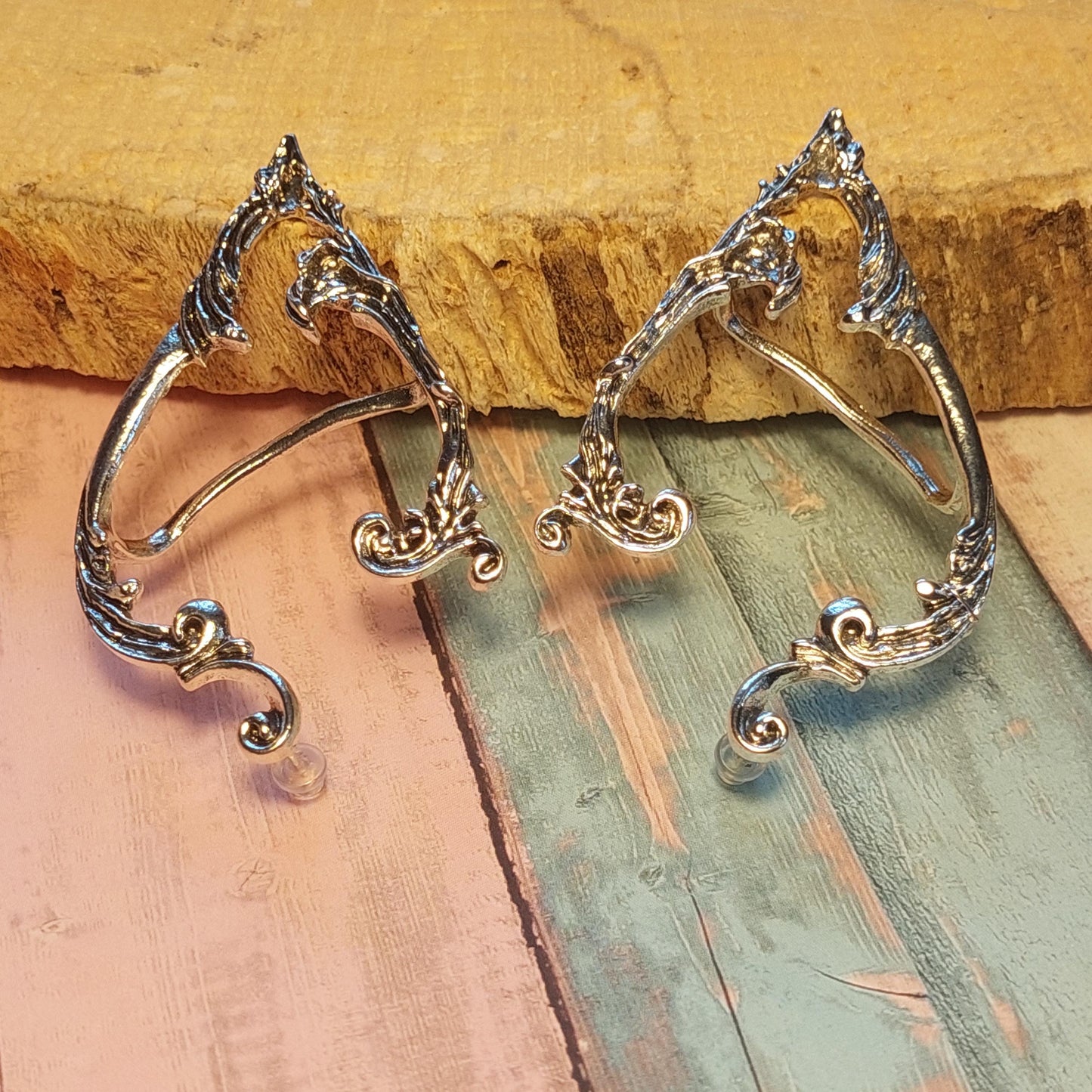 Mystical Elven Ear Cuffs – Silver & Black Fantasy Earrings for Pierced Ears | Enchanted Elf Jewelry for Cosplay, Festivals & Gifts (Set of 2)
