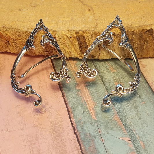 Mystical Elven Ear Cuffs – Silver & Black Fantasy Earrings for Pierced Ears | Enchanted Elf Jewelry for Cosplay, Festivals & Gifts (Set of 2)