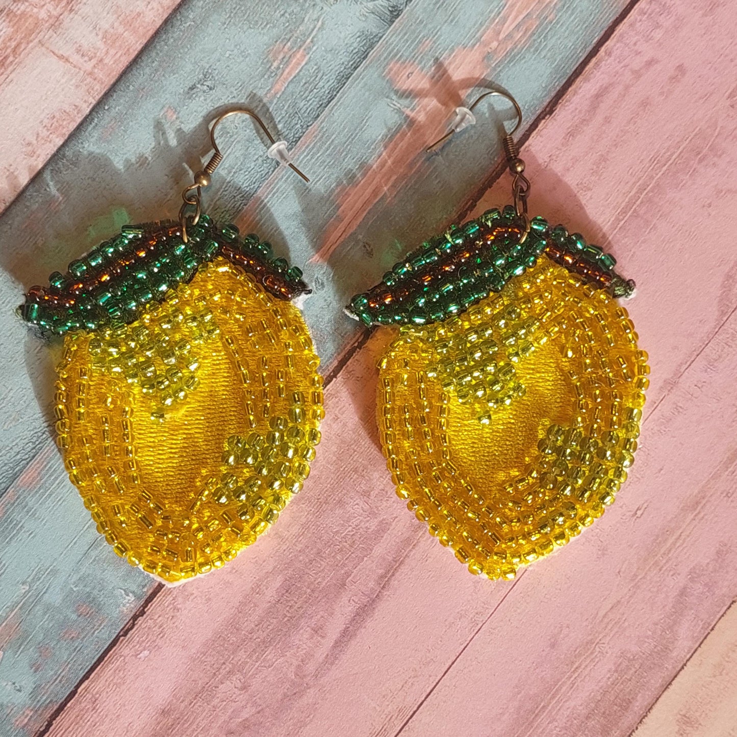 Hand-Embroidered Lemon Earrings with Beads - Unique Statement Jewelry Gift