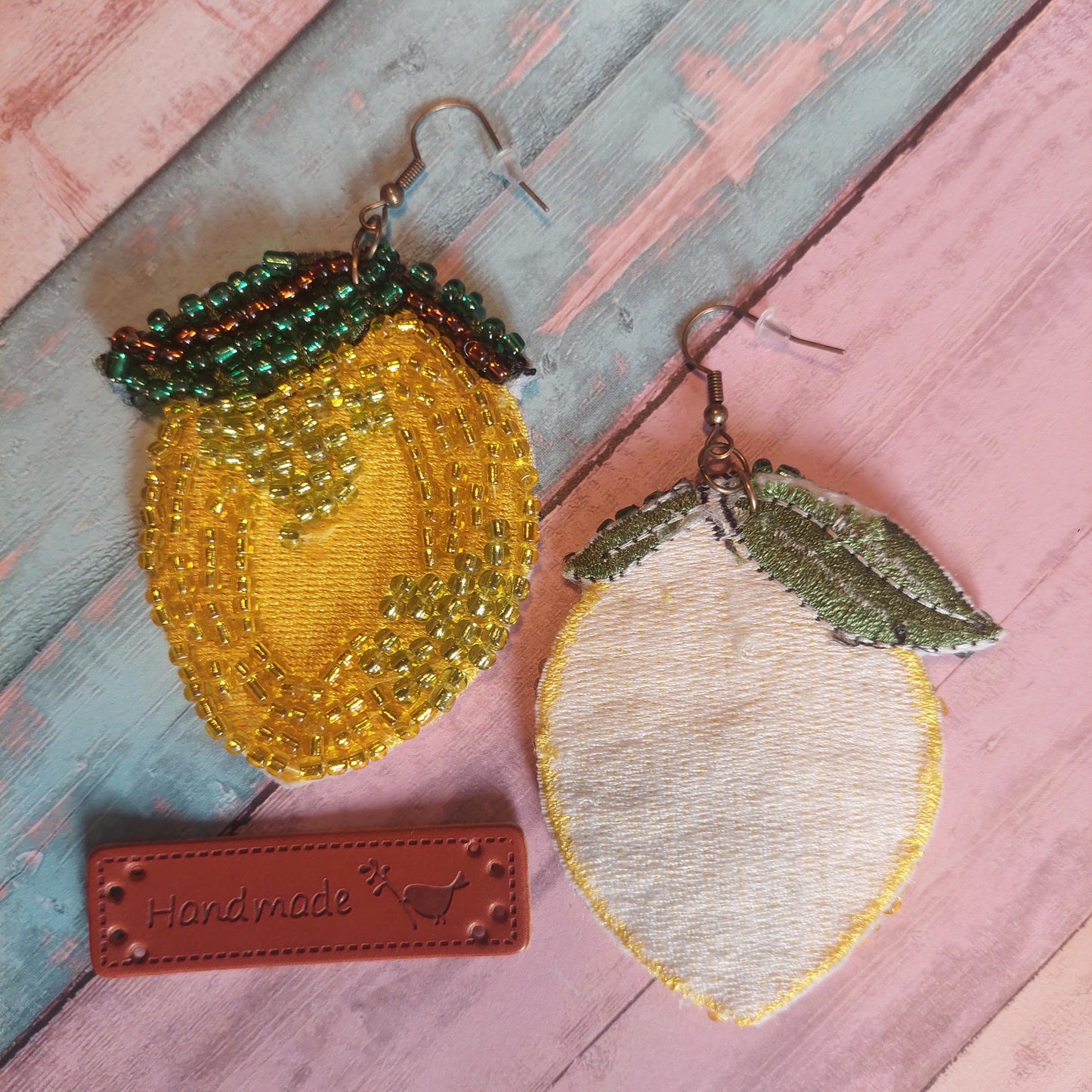 Hand-Embroidered Lemon Earrings with Beads - Unique Statement Jewelry Gift
