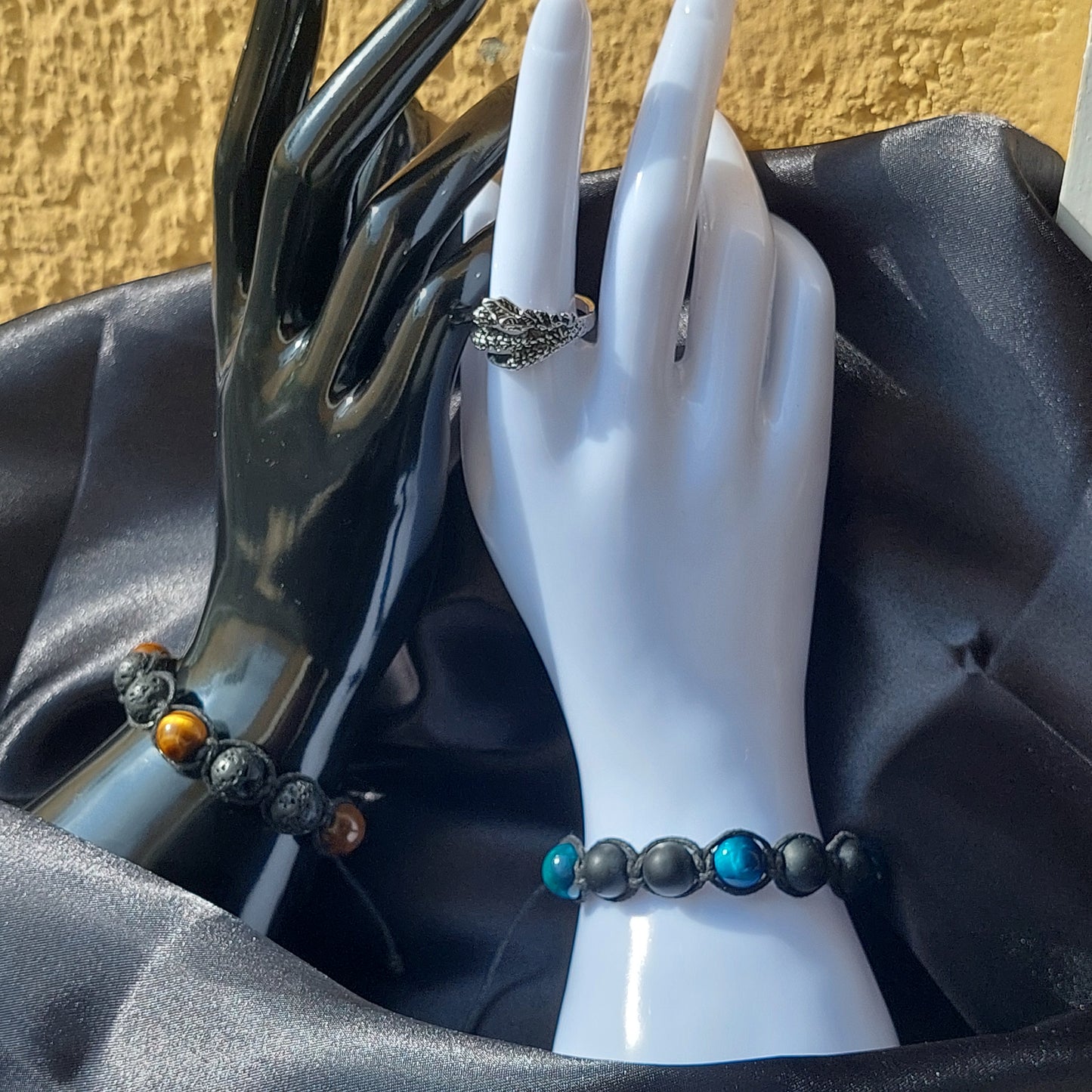 Macrame Bracelet for Men – Blue Tiger's Eye, Hematite & Black Obsidian | Handmade Talisman Gift