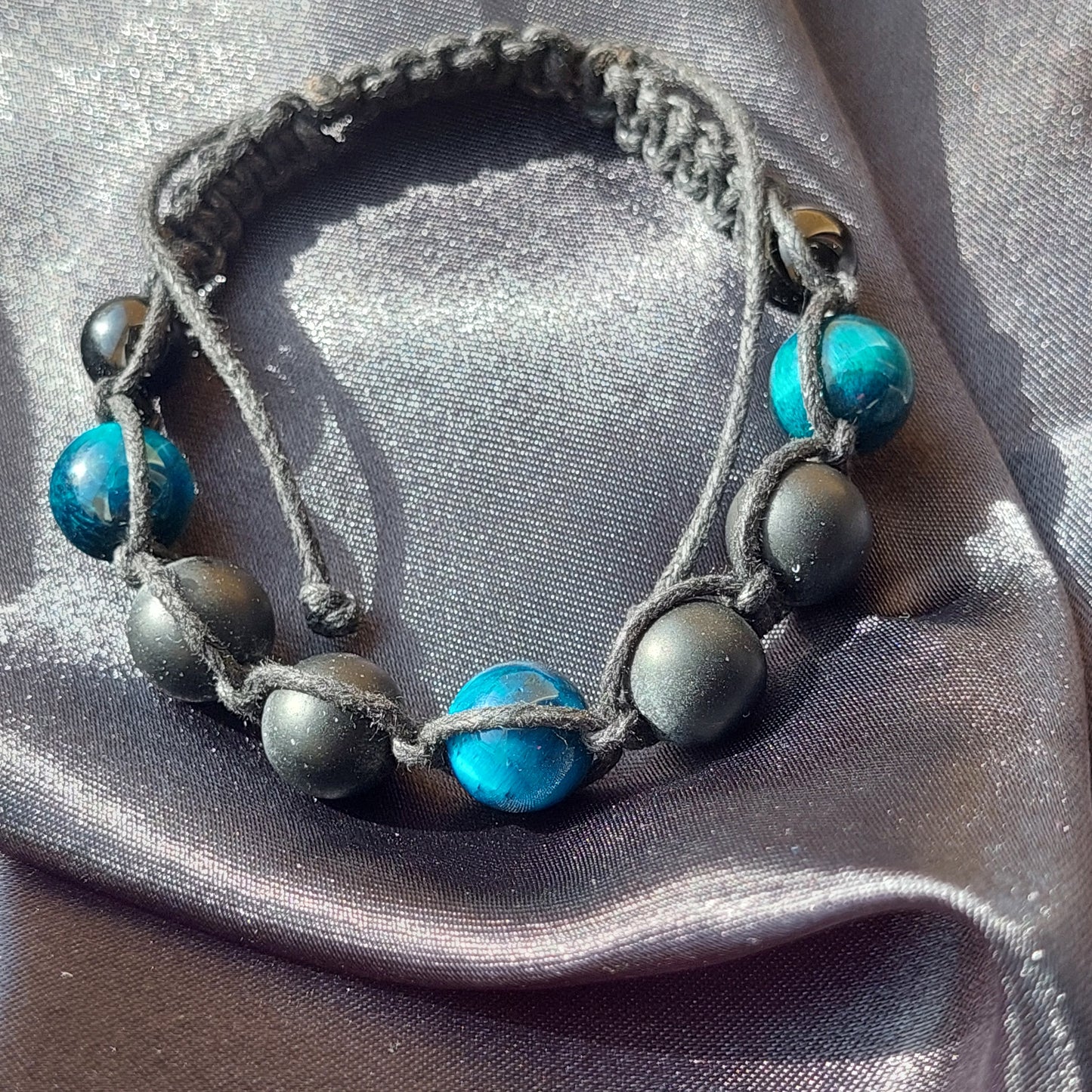 Macrame Bracelet for Men – Blue Tiger's Eye, Hematite & Black Obsidian | Handmade Talisman Gift