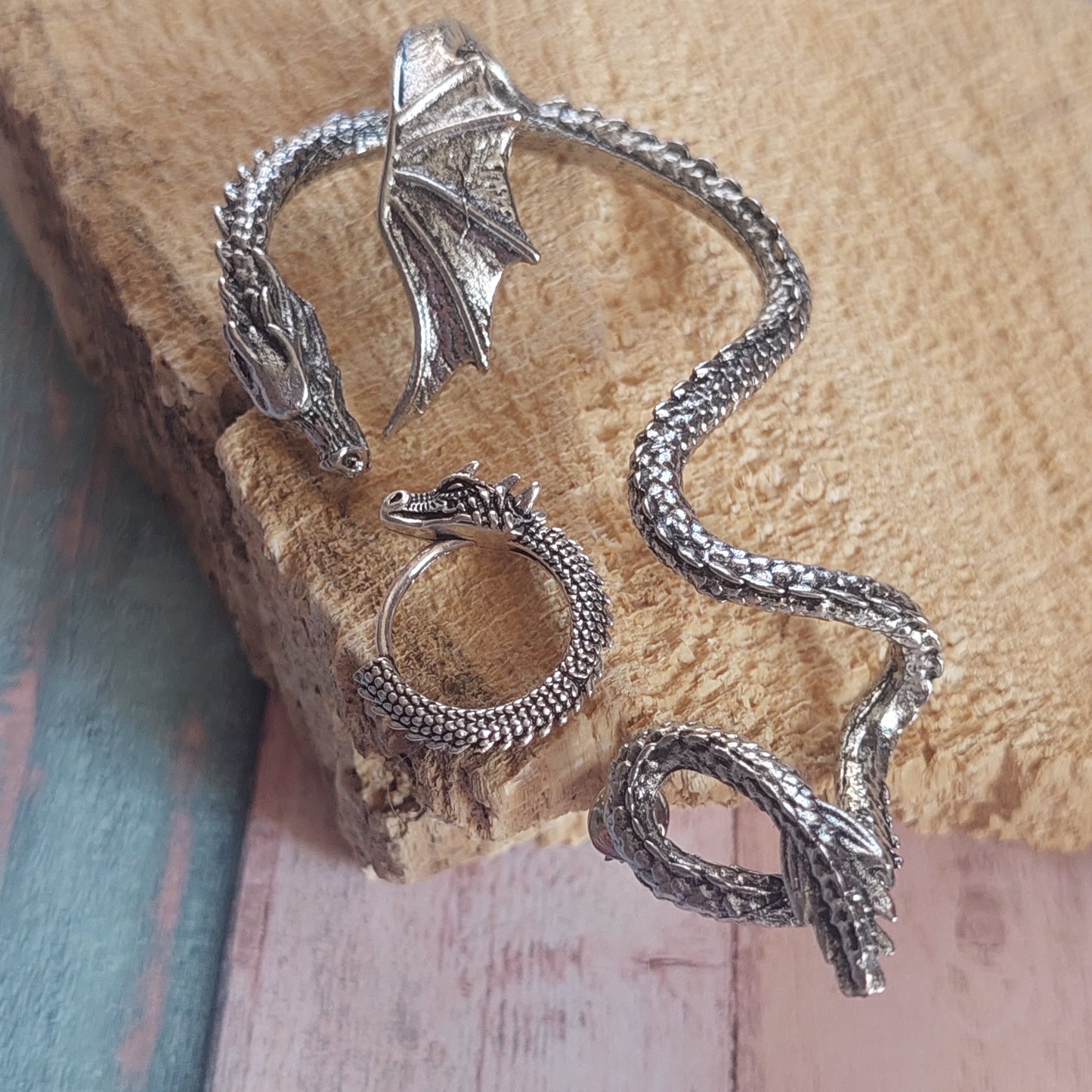 Mystical Dragon Hoop Earrings & Ear Cuffs – Gothic Fantasy Jewelry Set for Men & Women – Silver, Gold & Black