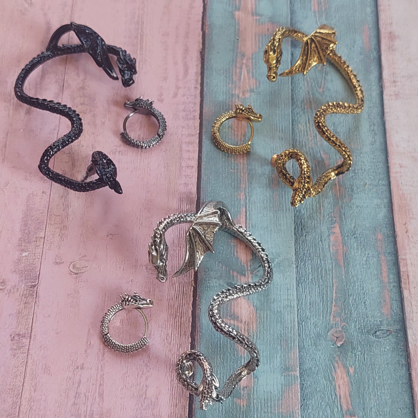 Mystical Dragon Hoop Earrings & Ear Cuffs – Gothic Fantasy Jewelry Set for Men & Women – Silver, Gold & Black