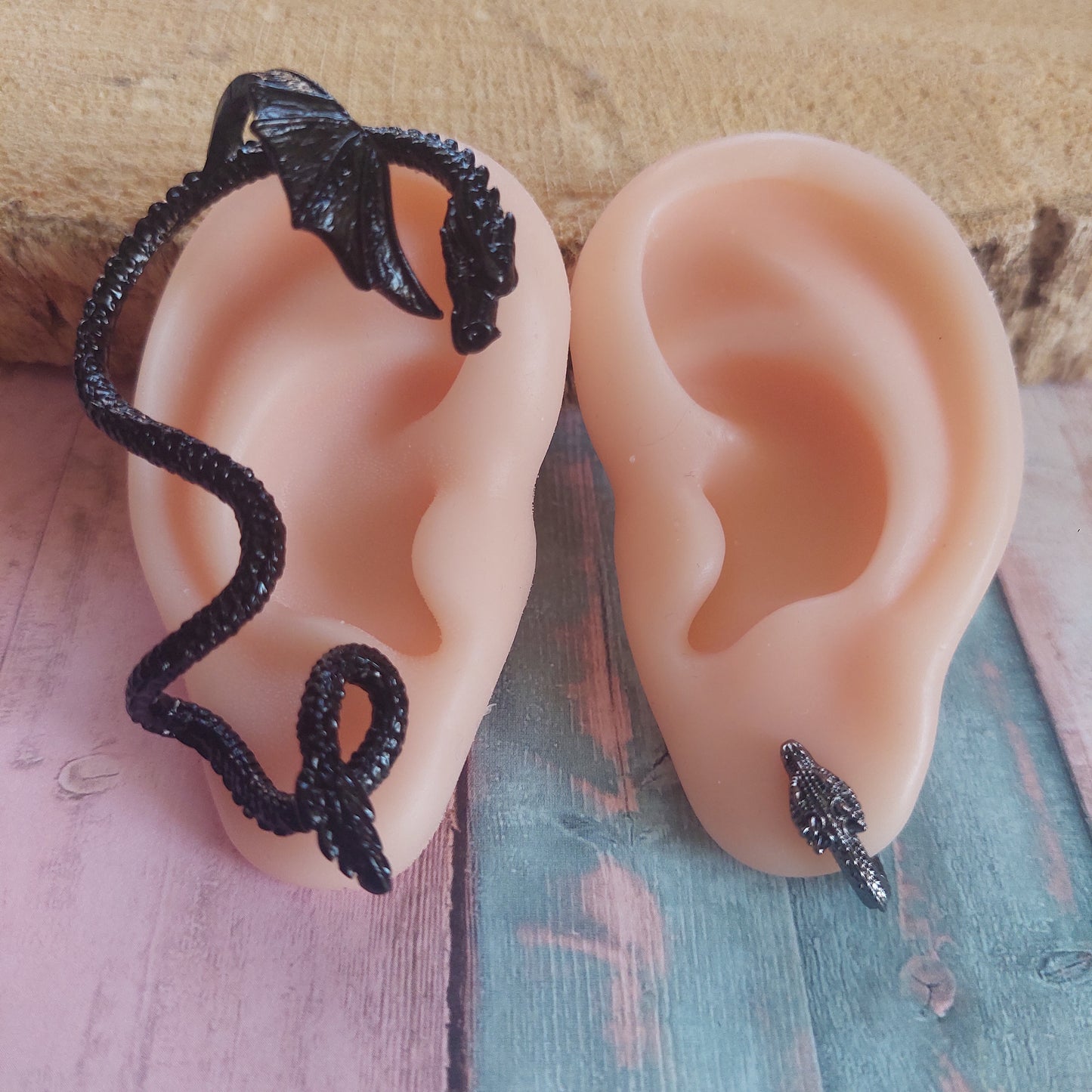 Mystical Dragon Hoop Earrings & Ear Cuffs – Gothic Fantasy Jewelry Set for Men & Women – Silver, Gold & Black