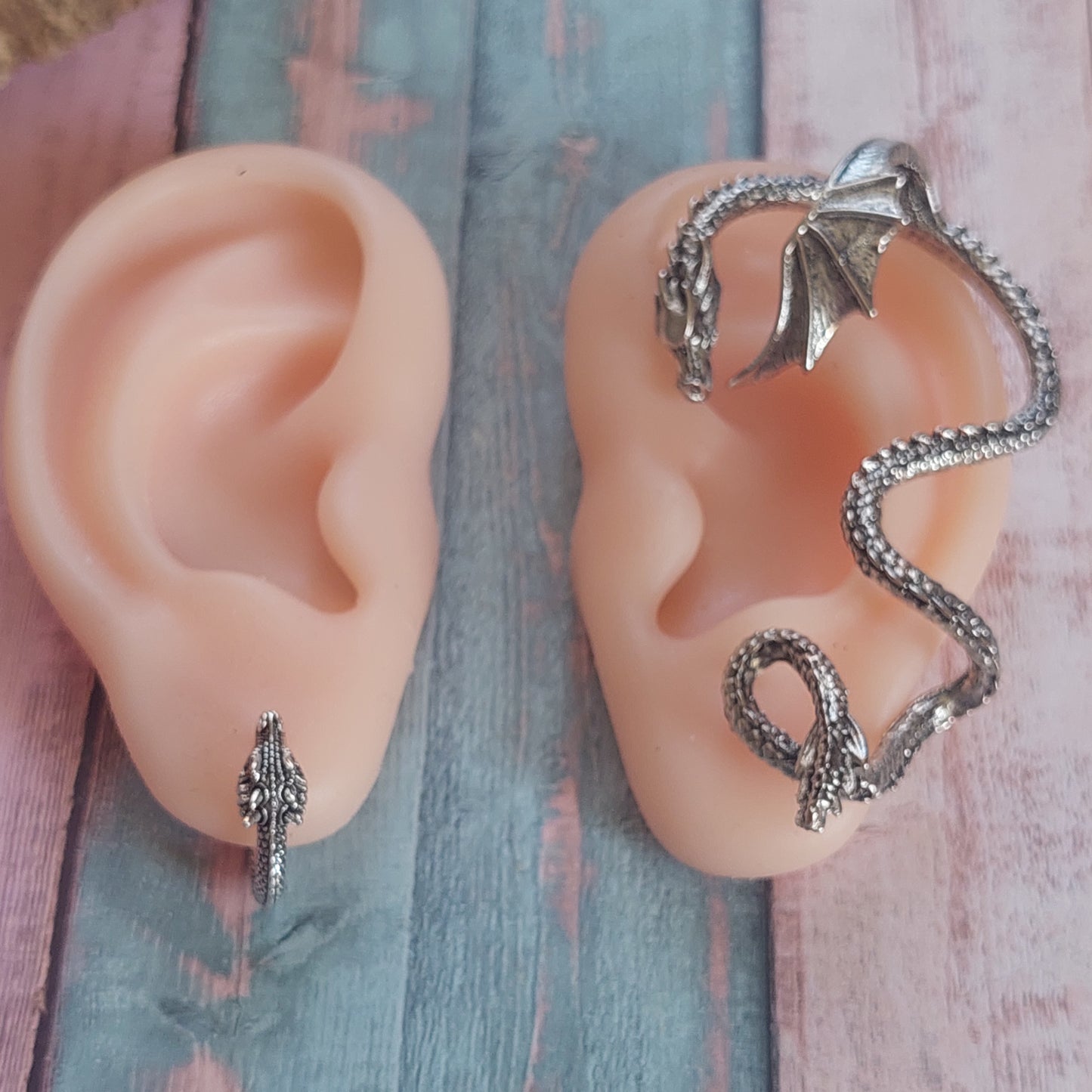 Mystical Dragon Hoop Earrings & Ear Cuffs – Gothic Fantasy Jewelry Set for Men & Women – Silver, Gold & Black