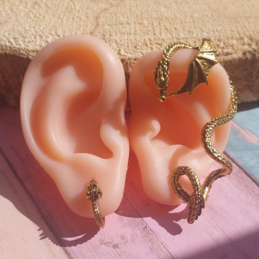 Mystical Dragon Hoop Earrings & Ear Cuffs – Gothic Fantasy Jewelry Set for Men & Women – Silver, Gold & Black