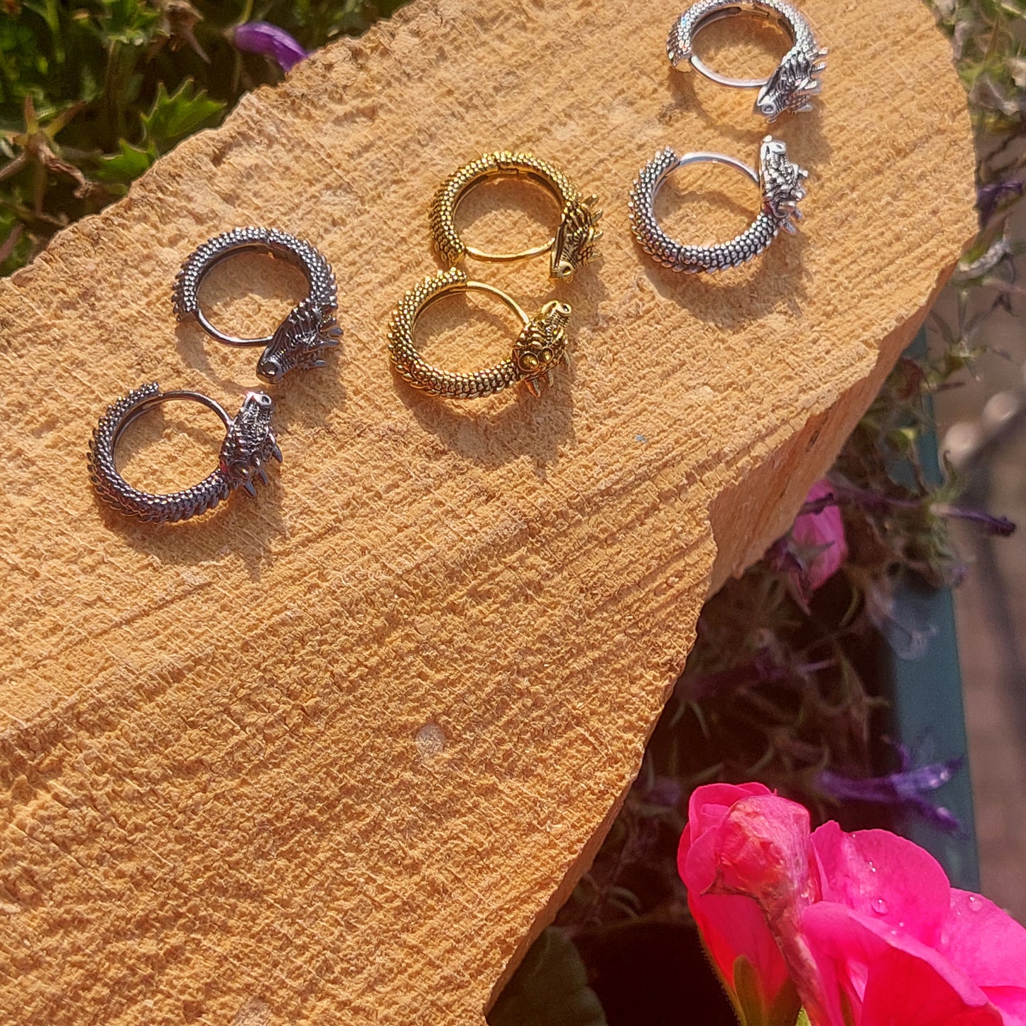 Gothic Dragon Hoop Earrings, Gold, Silver, Black, Fantasy Jewelry