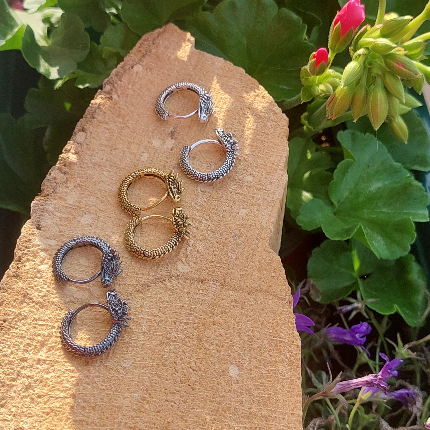 Gothic Dragon Hoop Earrings, Gold, Silver, Black, Fantasy Jewelry