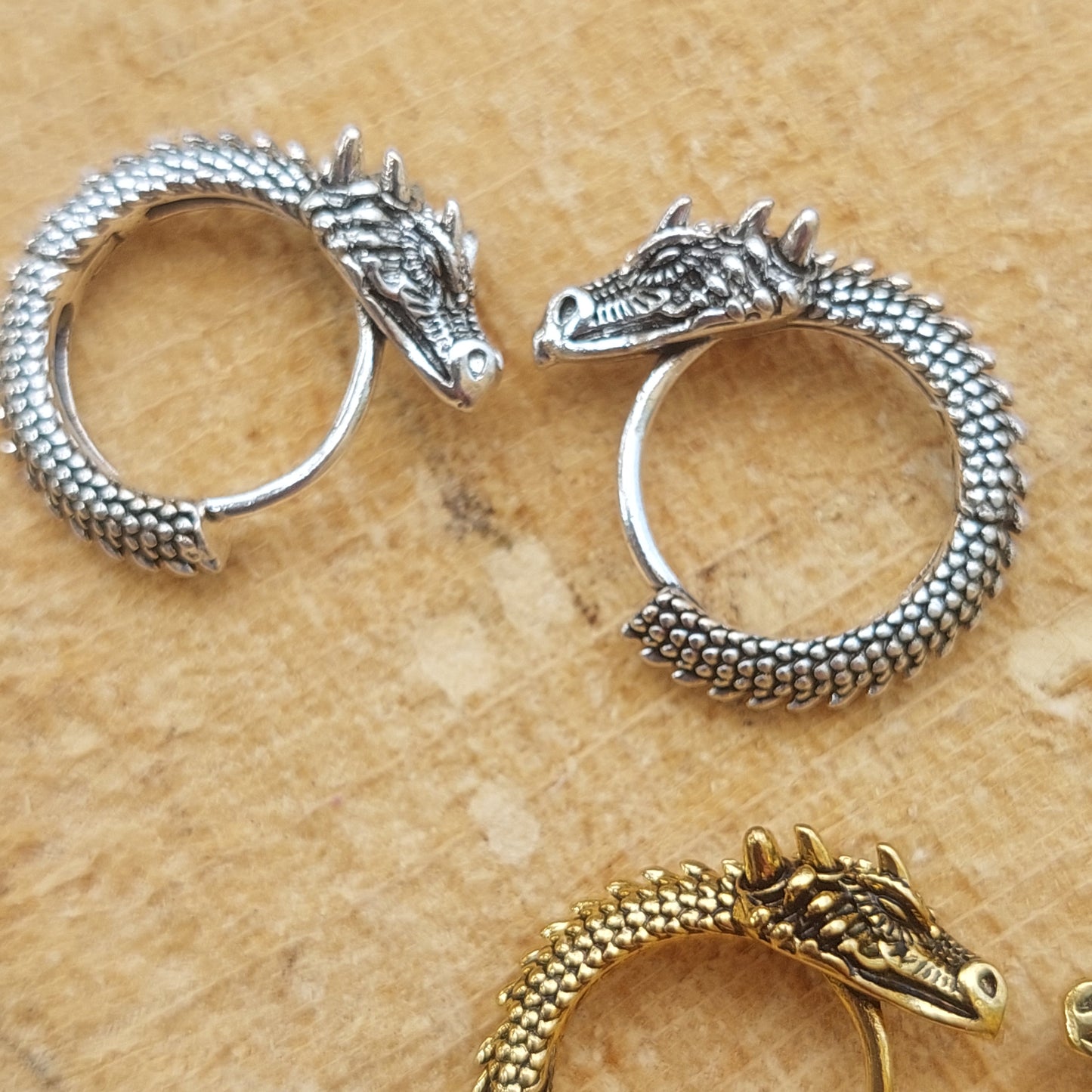 Gothic Dragon Hoop Earrings, Gold, Silver, Black, Fantasy Jewelry