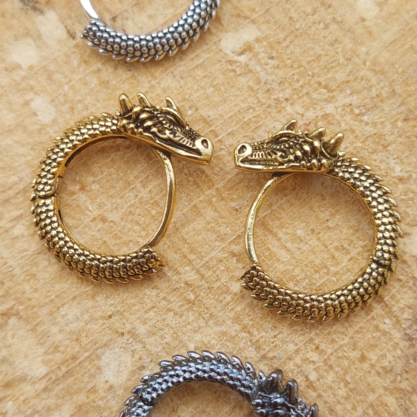 Gothic Dragon Hoop Earrings, Gold, Silver, Black, Fantasy Jewelry