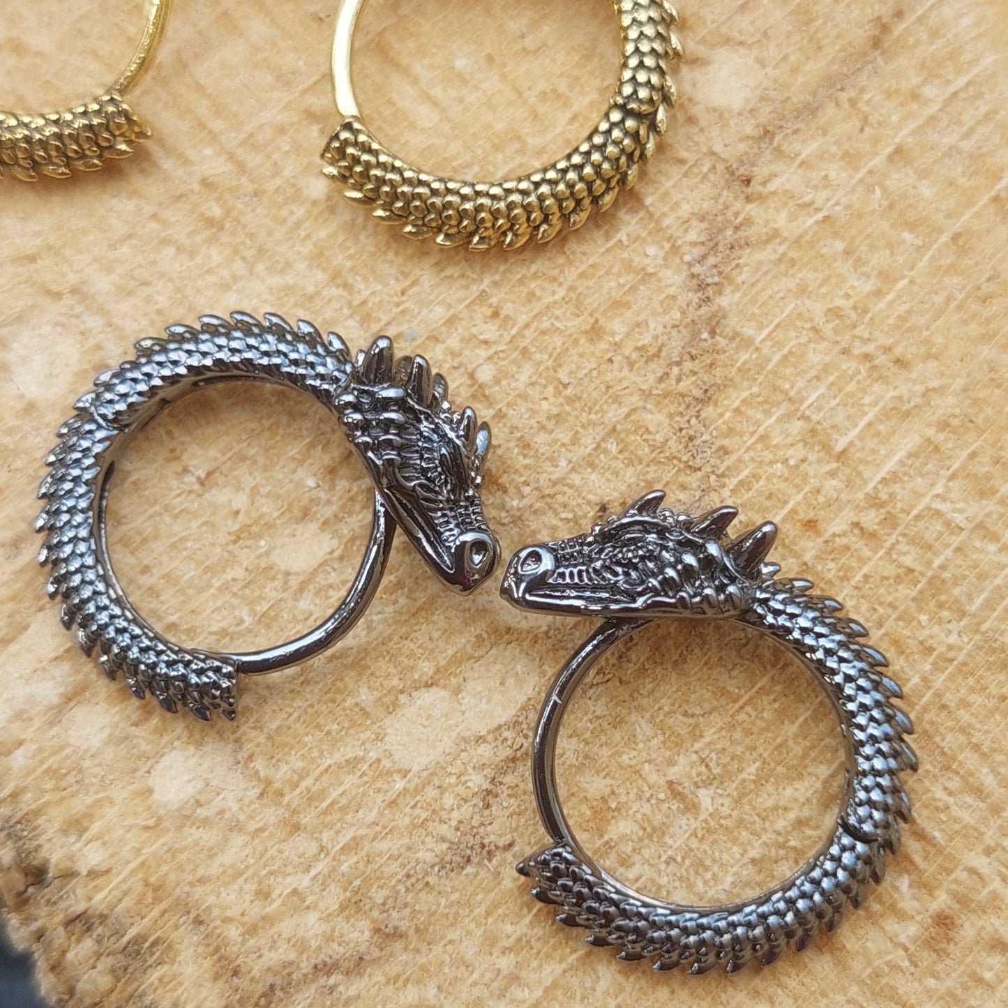 Gothic Dragon Hoop Earrings, Gold, Silver, Black, Fantasy Jewelry