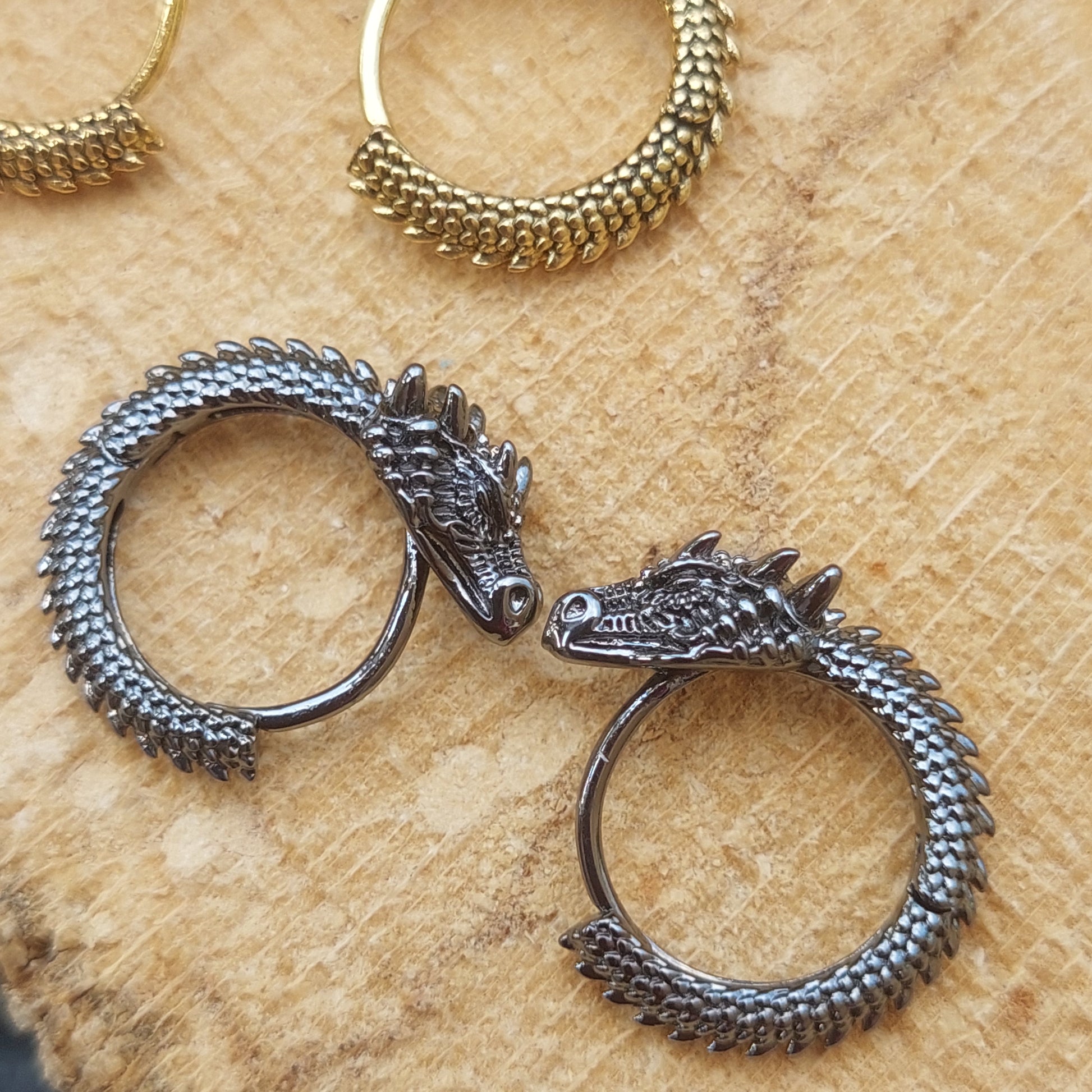 Gothic Dragon Hoop Earrings, Gold, Silver, Black, Fantasy Jewelry