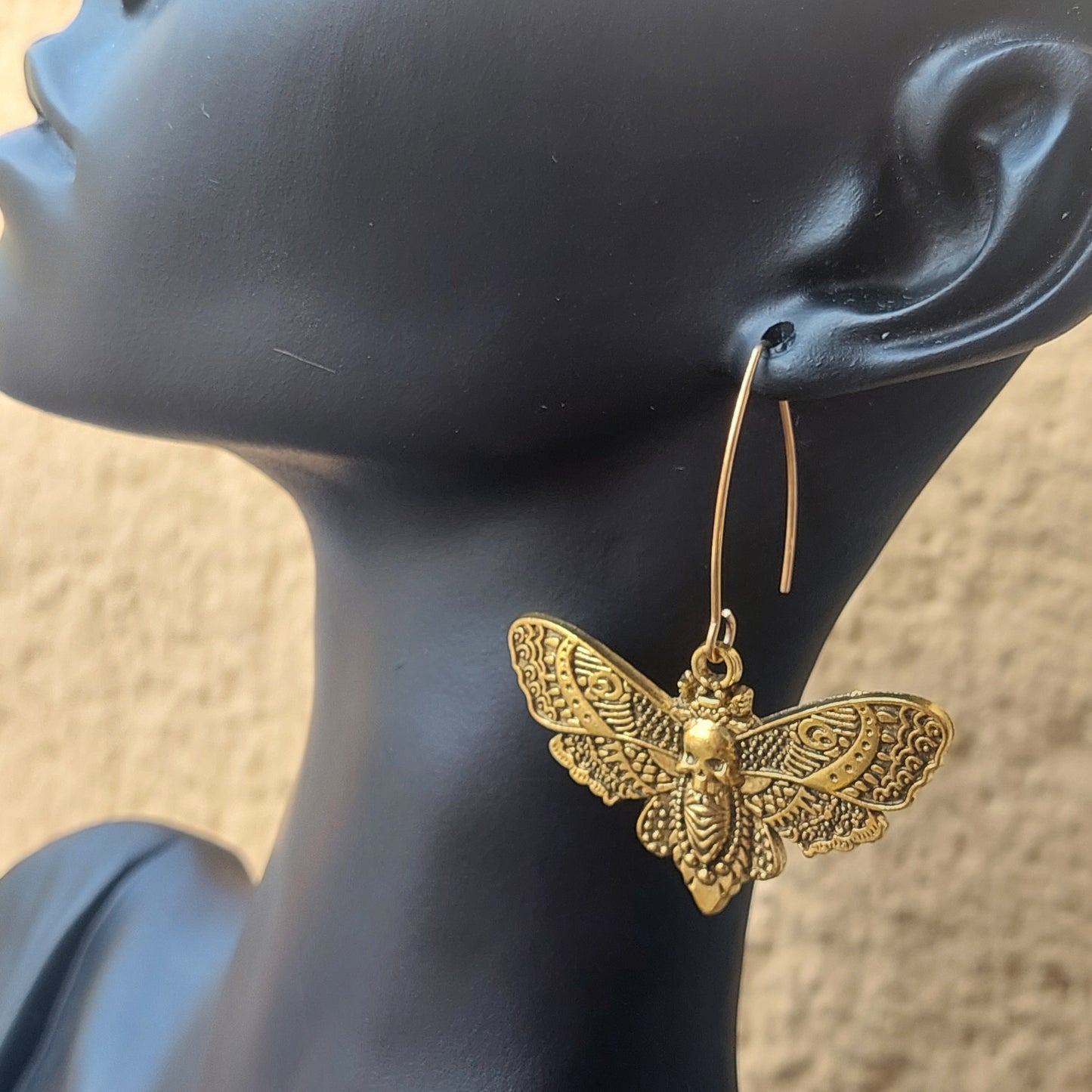 Gothic Skull, Butterfly Earrings, Antique Gold Handmade Jewelry