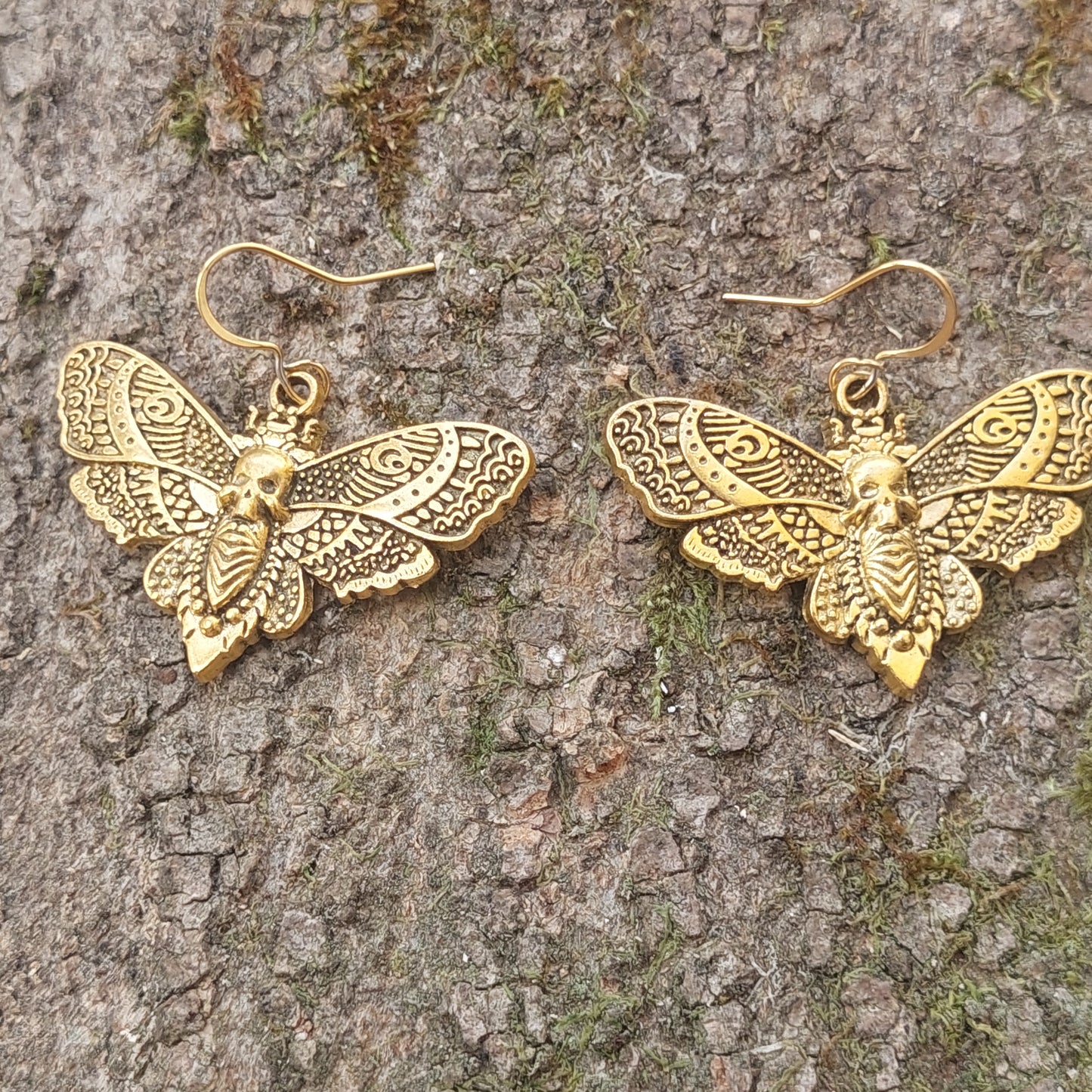 Gothic Skull, Butterfly Earrings, Antique Gold Handmade Jewelry