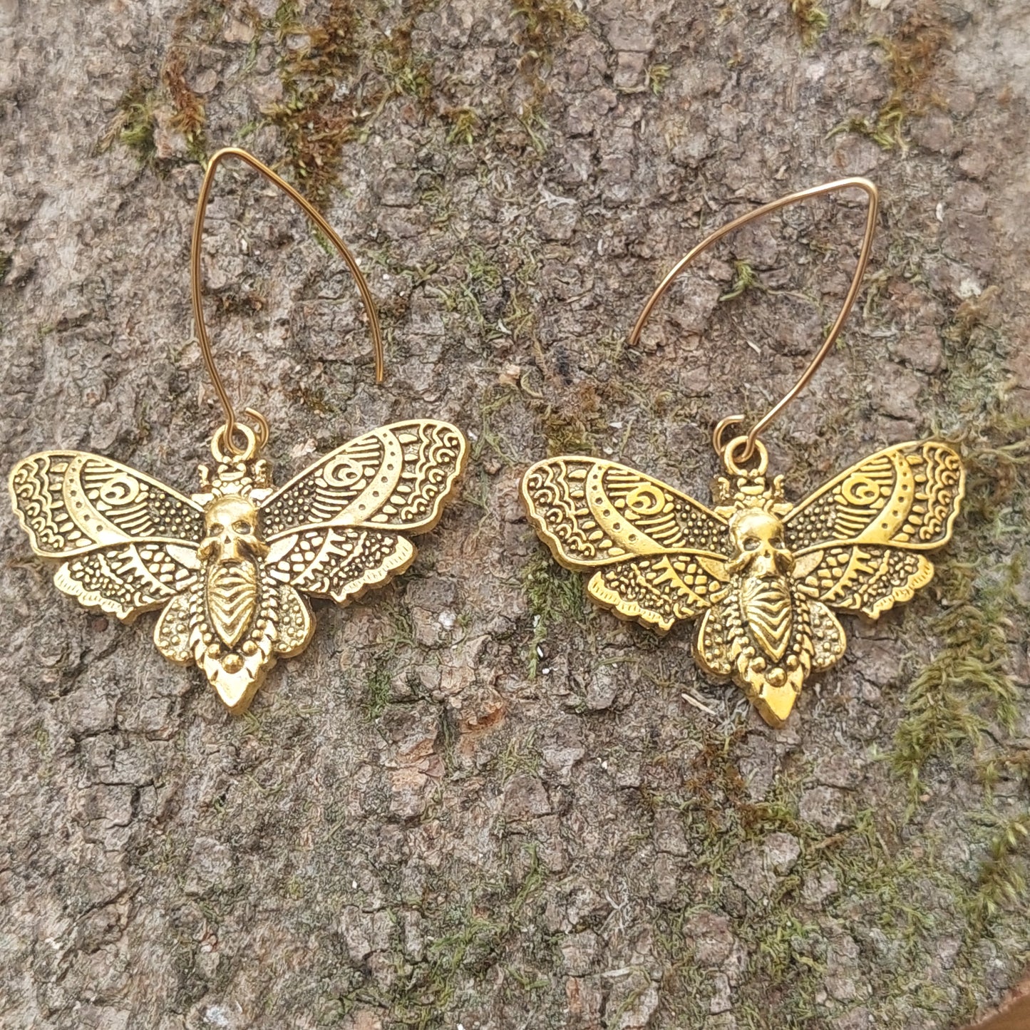 Gothic Skull, Butterfly Earrings, Antique Gold Handmade Jewelry