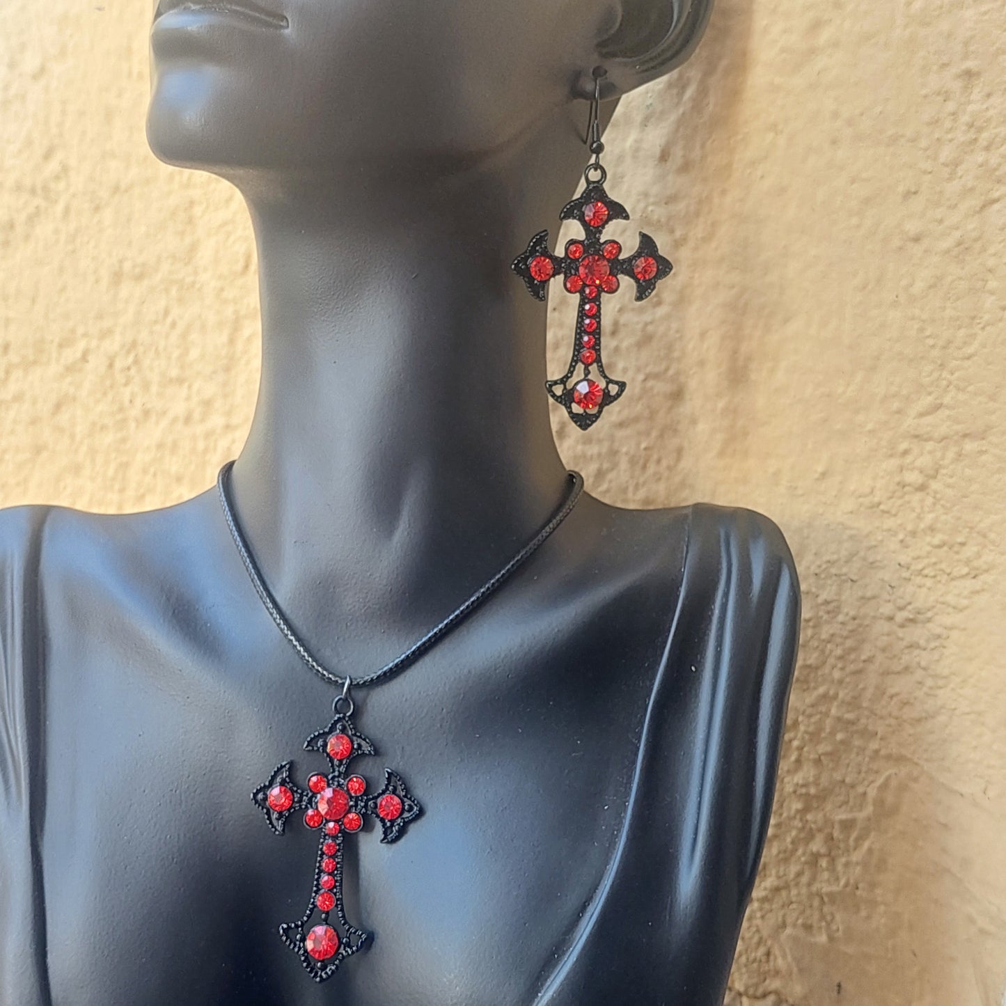 Gothic Jewelry Set, Black Cross Earrings, Red Crystal Amulet Necklace, Dark Fantasy Gift
