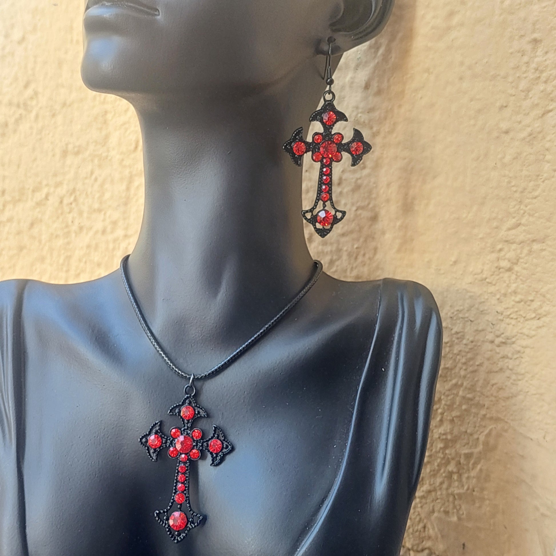 Gothic Jewelry Set, Black Cross Earrings, Red Crystal Amulet Necklace, Dark Fantasy Gift