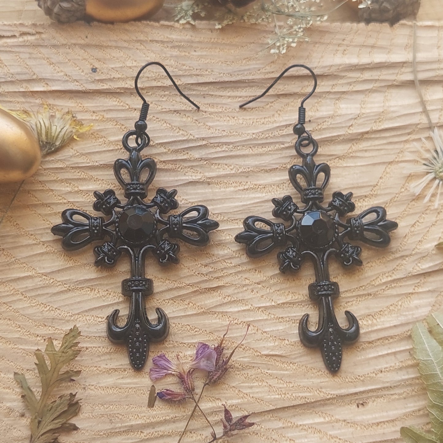 Gothic Jewelry Set, Black Cross Earrings, Red Crystal Amulet Necklace, Dark Fantasy Gift