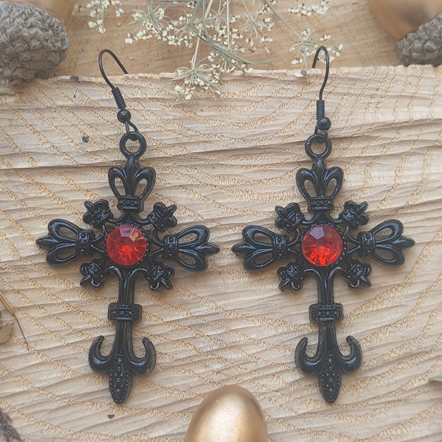 Gothic Jewelry Set, Black Cross Earrings, Red Crystal Amulet Necklace, Dark Fantasy Gift