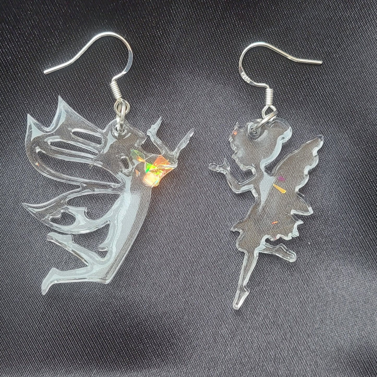 Creative Asymmetrical Fantasy Earrings – Clear Resin like Glass – 925 Sterling Silver Hooks – Fairies, Elves, Stars & Hearts – Gift Box