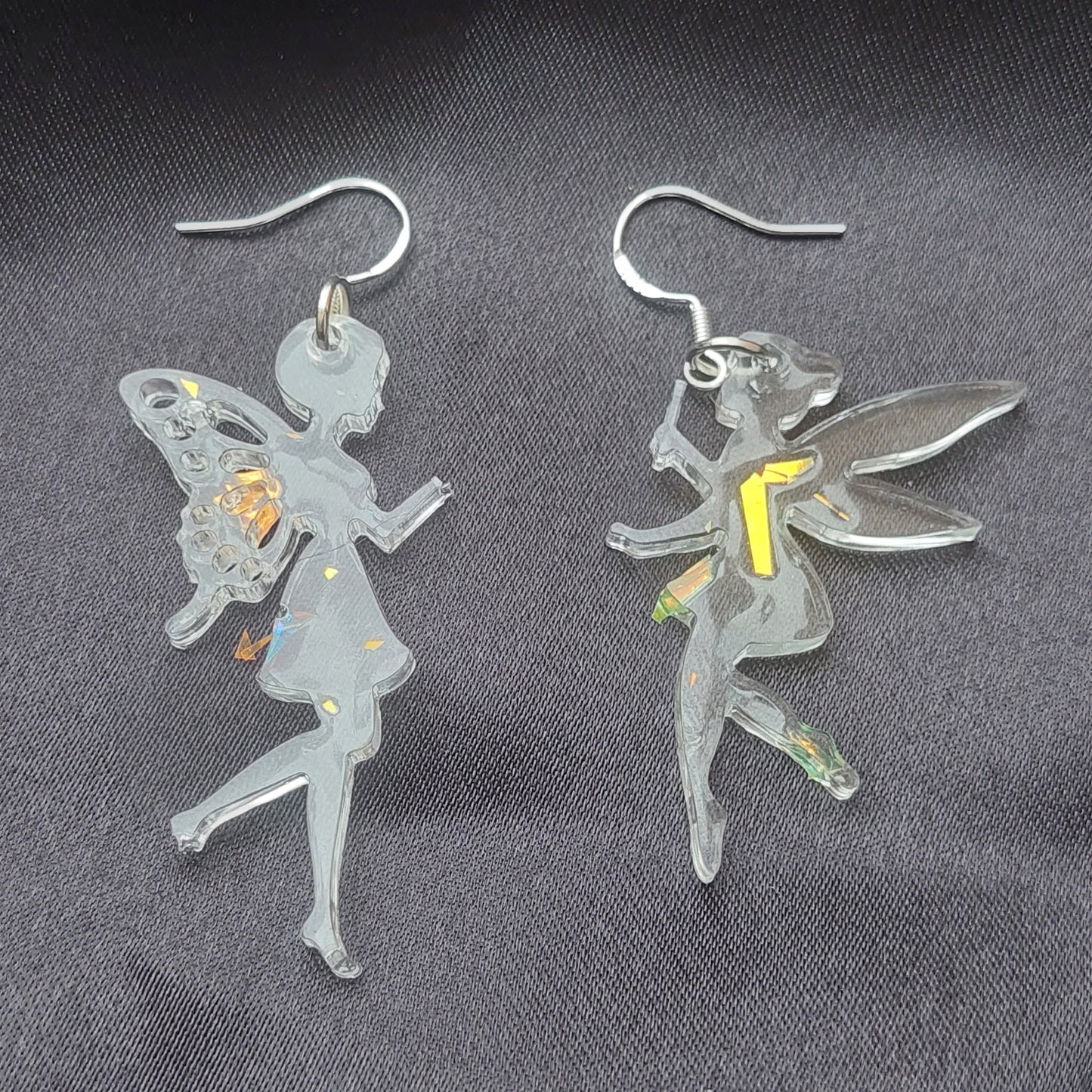 Creative Asymmetrical Fantasy Earrings – Clear Resin like Glass – 925 Sterling Silver Hooks – Fairies, Elves, Stars & Hearts – Gift Box