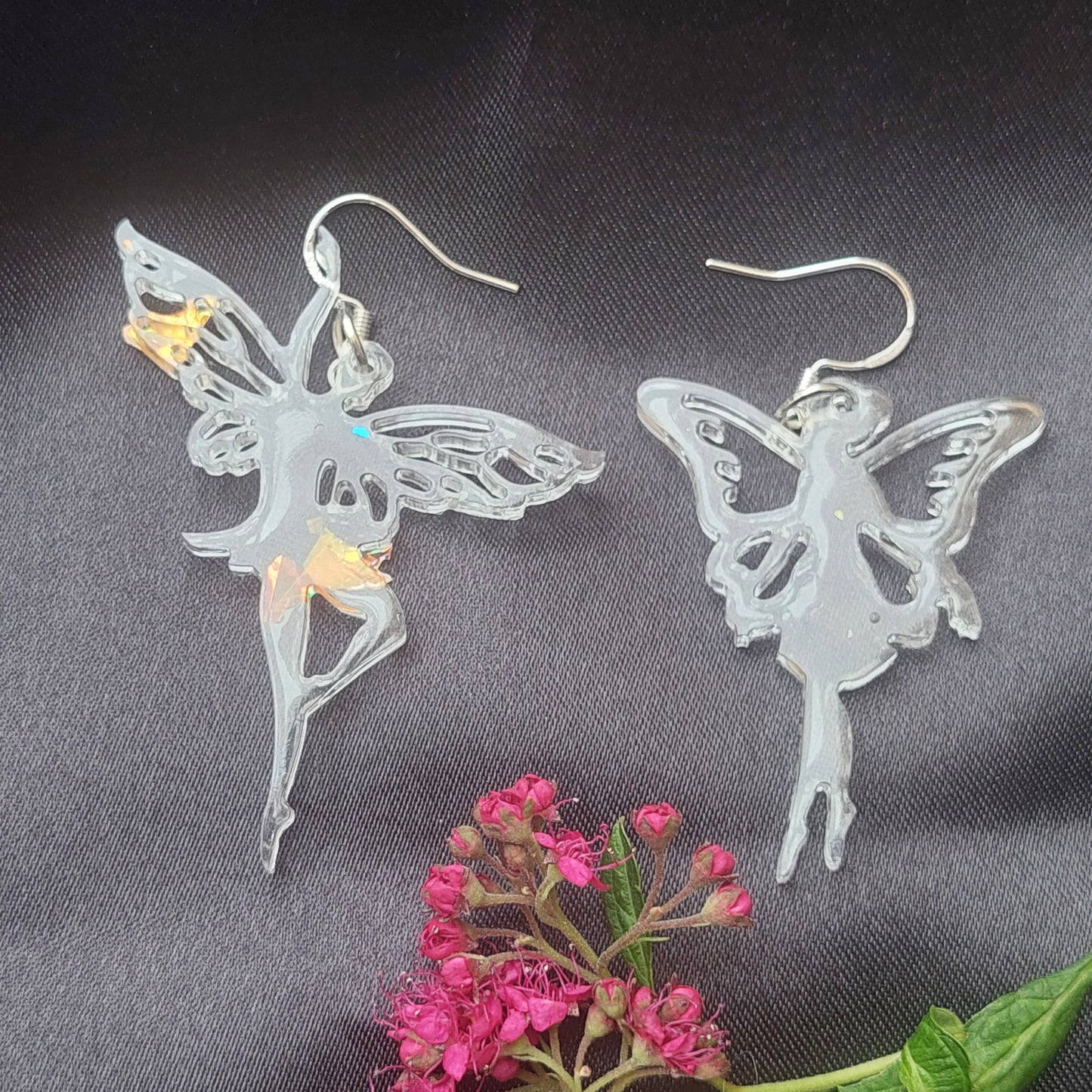 Creative Asymmetrical Fantasy Earrings – Clear Resin like Glass – 925 Sterling Silver Hooks – Fairies, Elves, Stars & Hearts – Gift Box