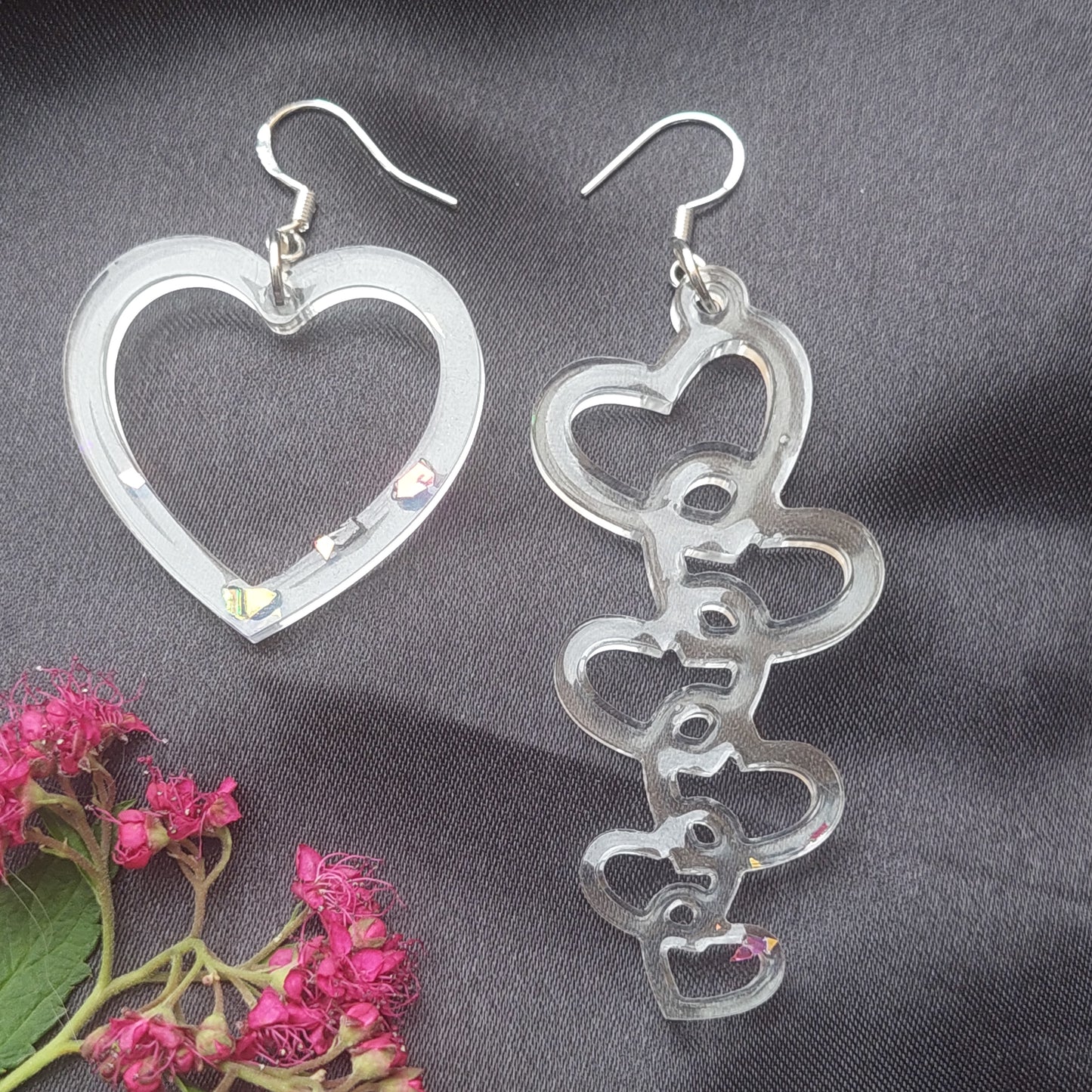 Creative Asymmetrical Fantasy Earrings – Clear Resin like Glass – 925 Sterling Silver Hooks – Fairies, Elves, Stars & Hearts – Gift Box