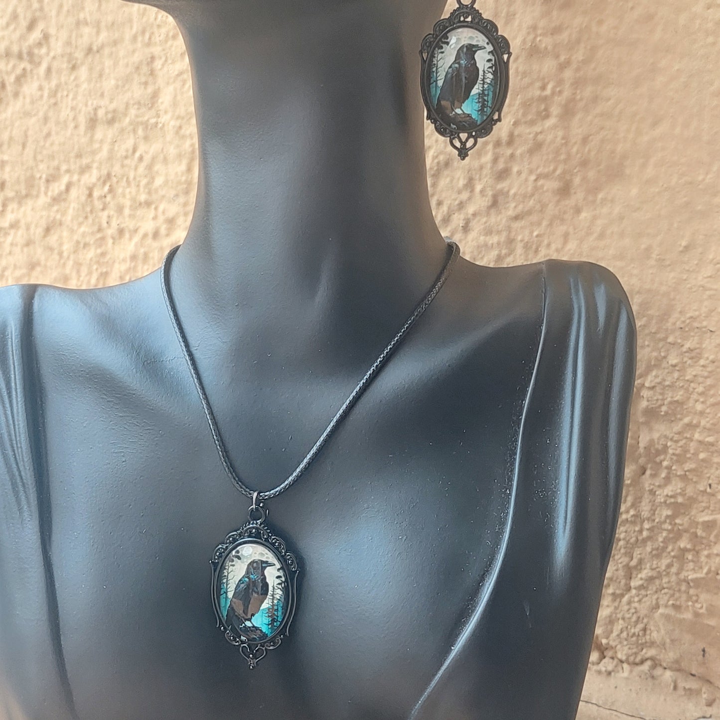 Gothic Black Raven Jewelry Set, Cameo Earrings, Pendant Necklace