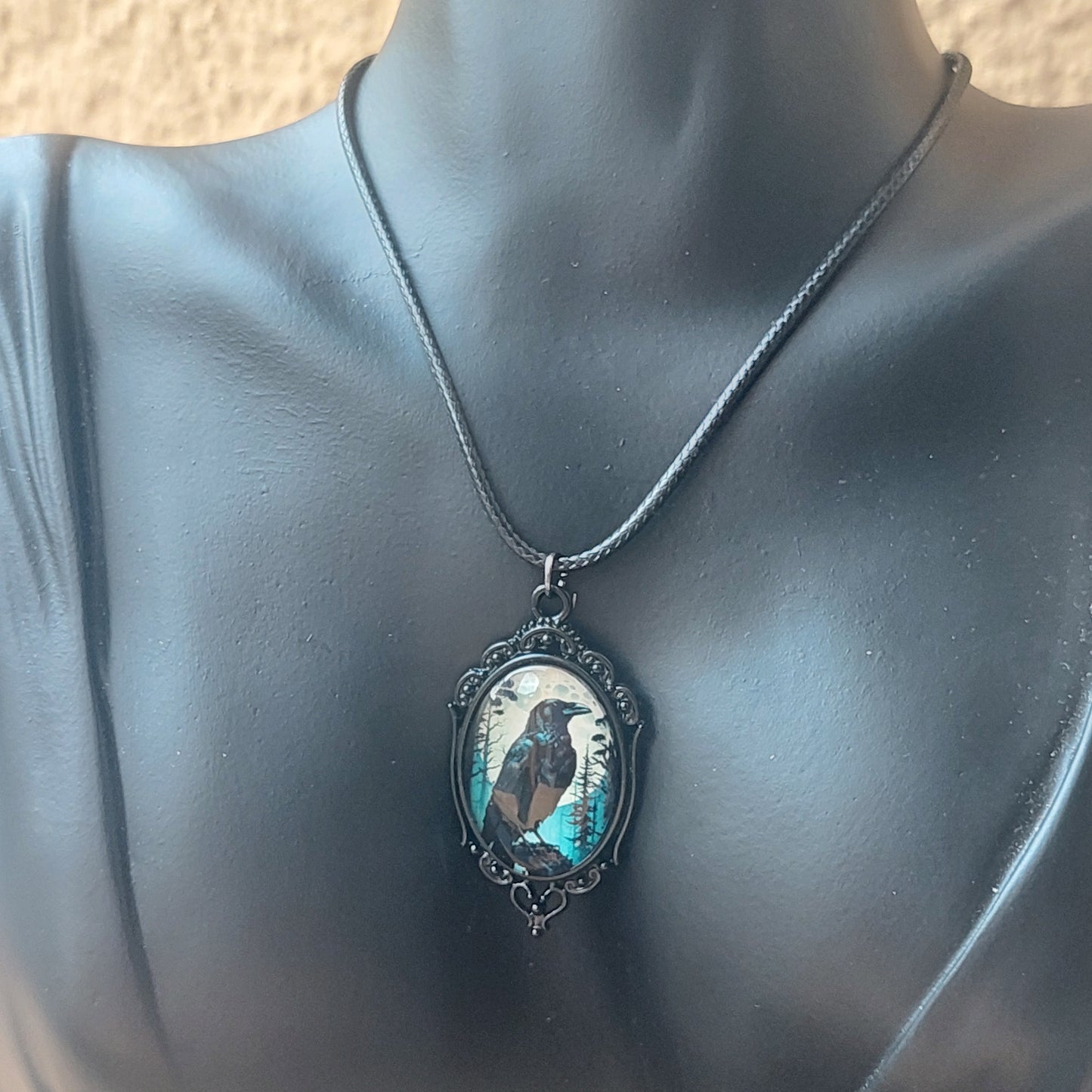 Gothic Black Raven Jewelry Set, Cameo Earrings, Pendant Necklace