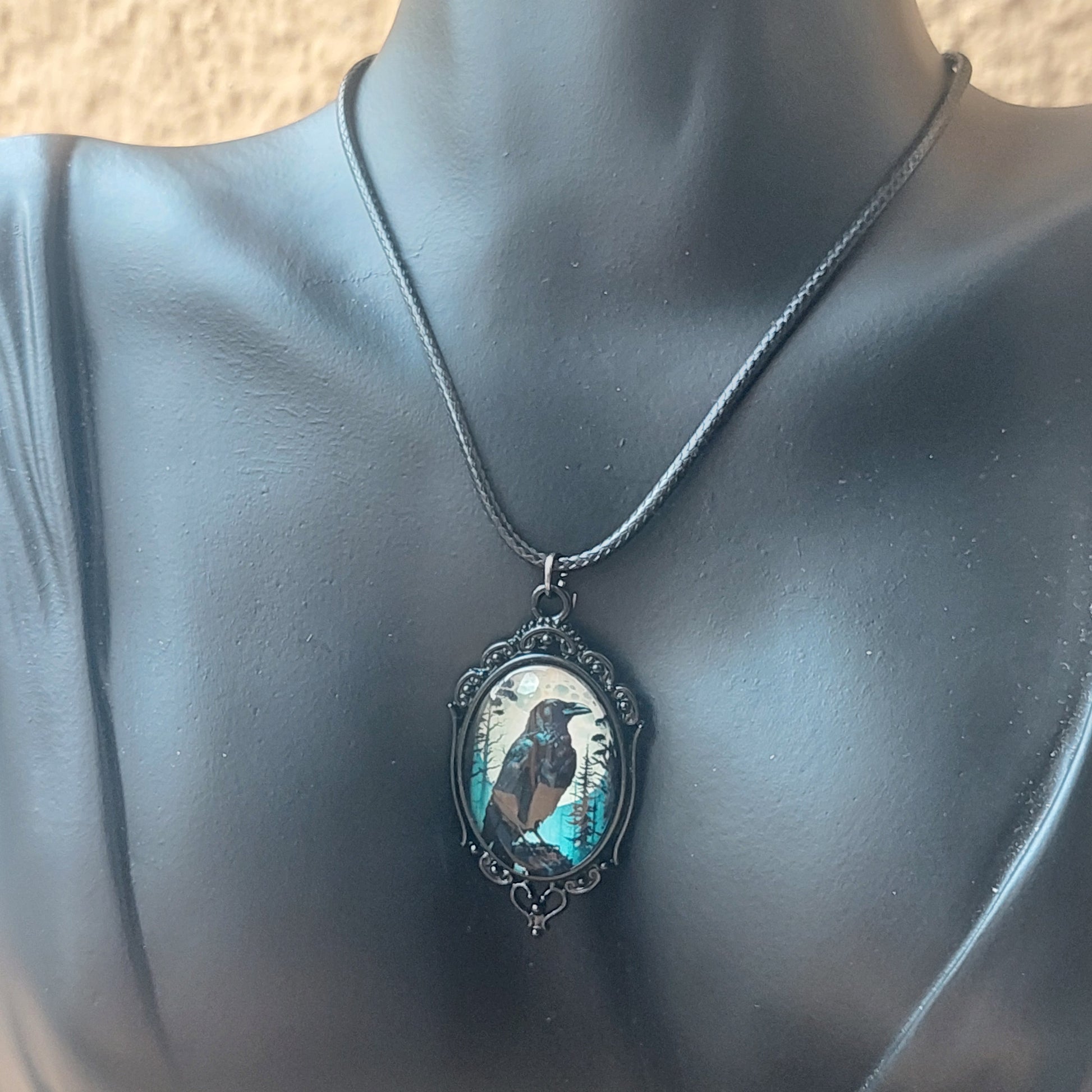 Gothic Black Raven Jewelry Set, Cameo Earrings, Pendant Necklace