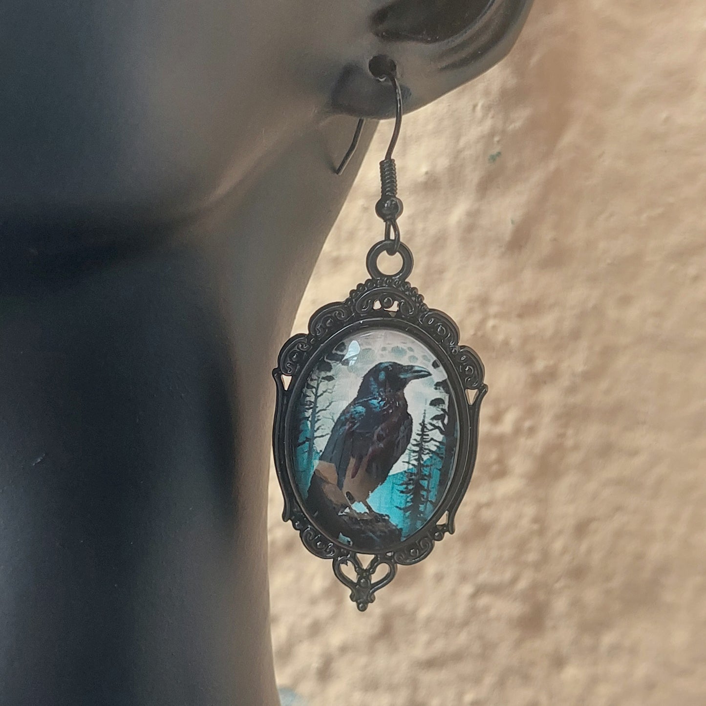 Gothic Black Raven Jewelry Set, Cameo Earrings, Pendant Necklace