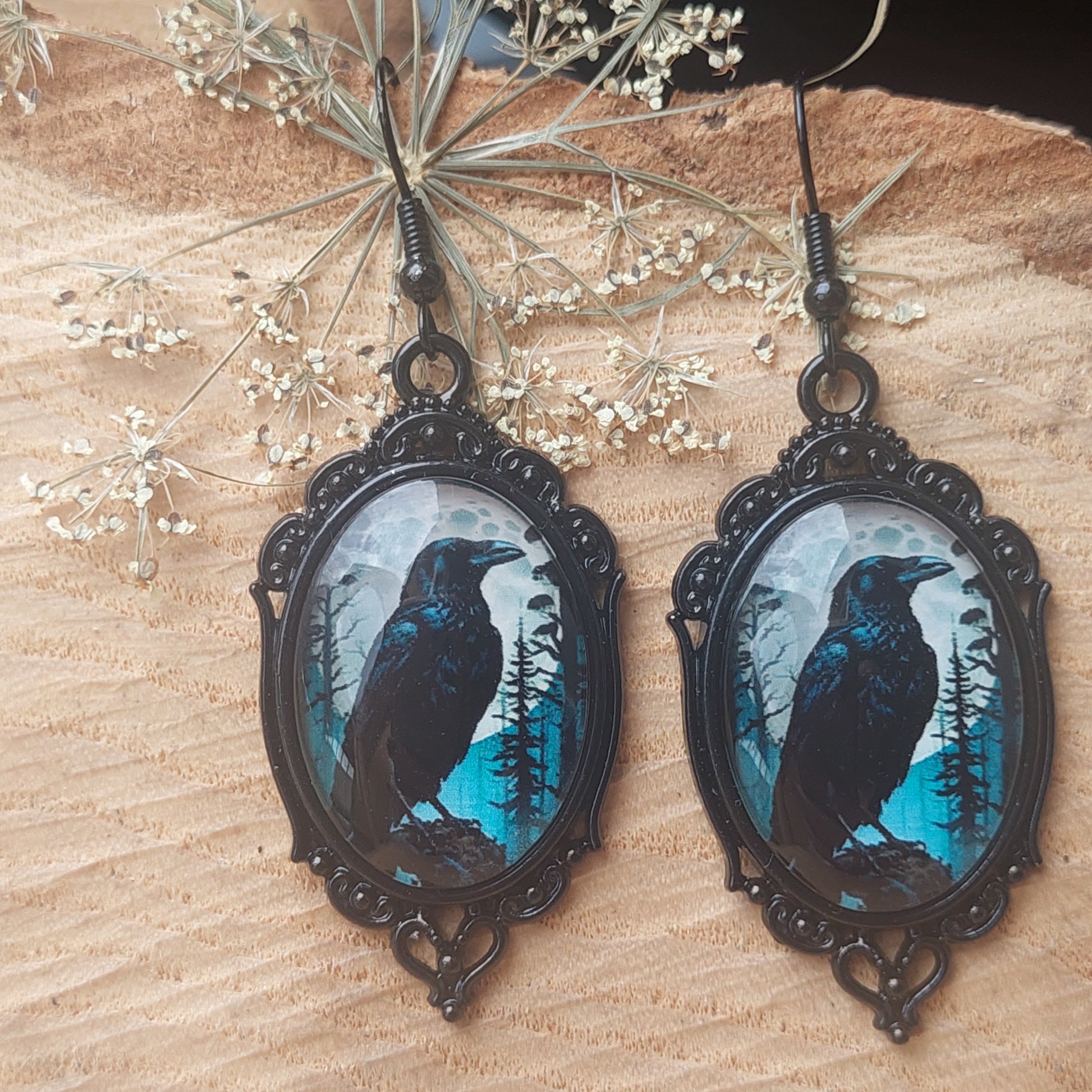 Gothic Black Raven Jewelry Set, Cameo Earrings, Pendant Necklace