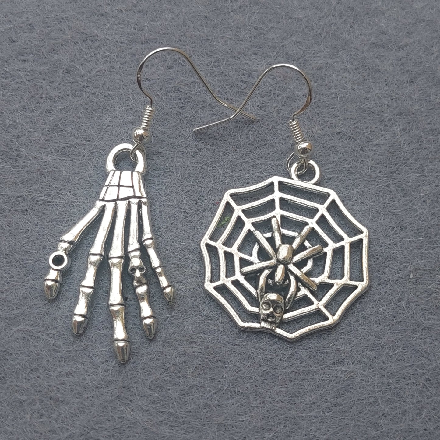 Gothic Halloween Asymmetric Earrings – 925 Silver Hooks – Spiders, Pumpkins, Skulls, Witch & Cat, Haunted Castle, Ghost – Gift Box