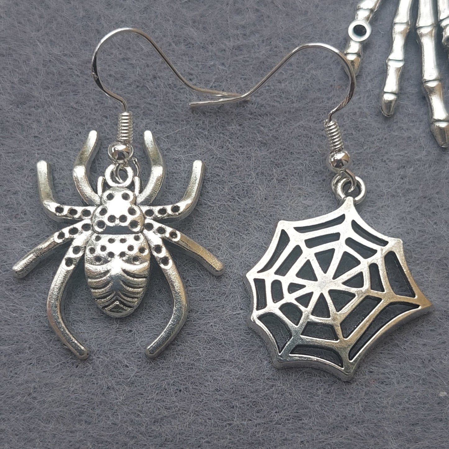 Gothic Halloween Asymmetric Earrings – 925 Silver Hooks – Spiders, Pumpkins, Skulls, Witch & Cat, Haunted Castle, Ghost – Gift Box