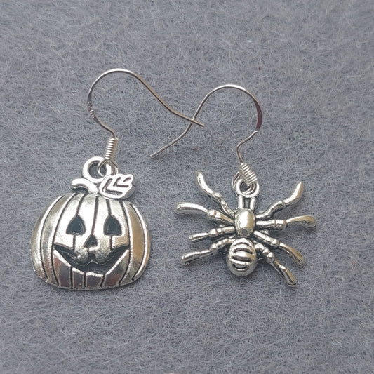 Gothic Halloween Asymmetric Earrings – 925 Silver Hooks – Spiders, Pumpkins, Skulls, Witch & Cat, Haunted Castle, Ghost – Gift Box