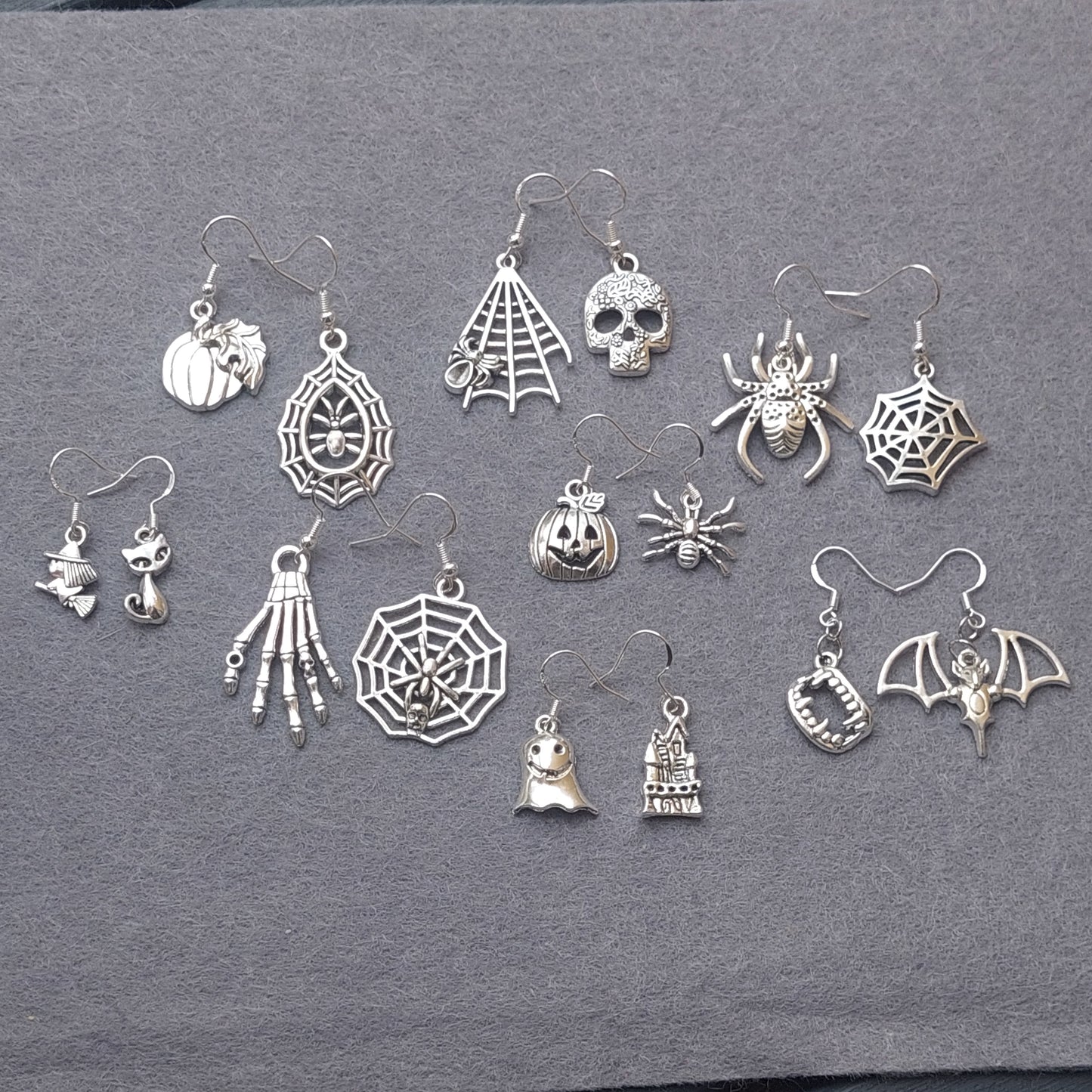 Gothic Halloween Asymmetric Earrings – 925 Silver Hooks – Spiders, Pumpkins, Skulls, Witch & Cat, Haunted Castle, Ghost – Gift Box