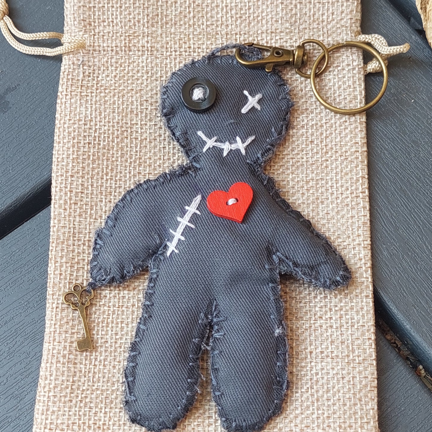 Gothic Voodoo Doll Keychain – Handmade Plush Amulet with Heart & Key | Creepy Cute Gift