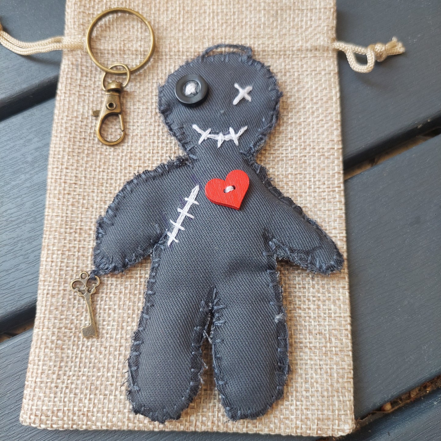 Gothic Voodoo Doll Keychain – Handmade Plush Amulet with Heart & Key | Creepy Cute Gift